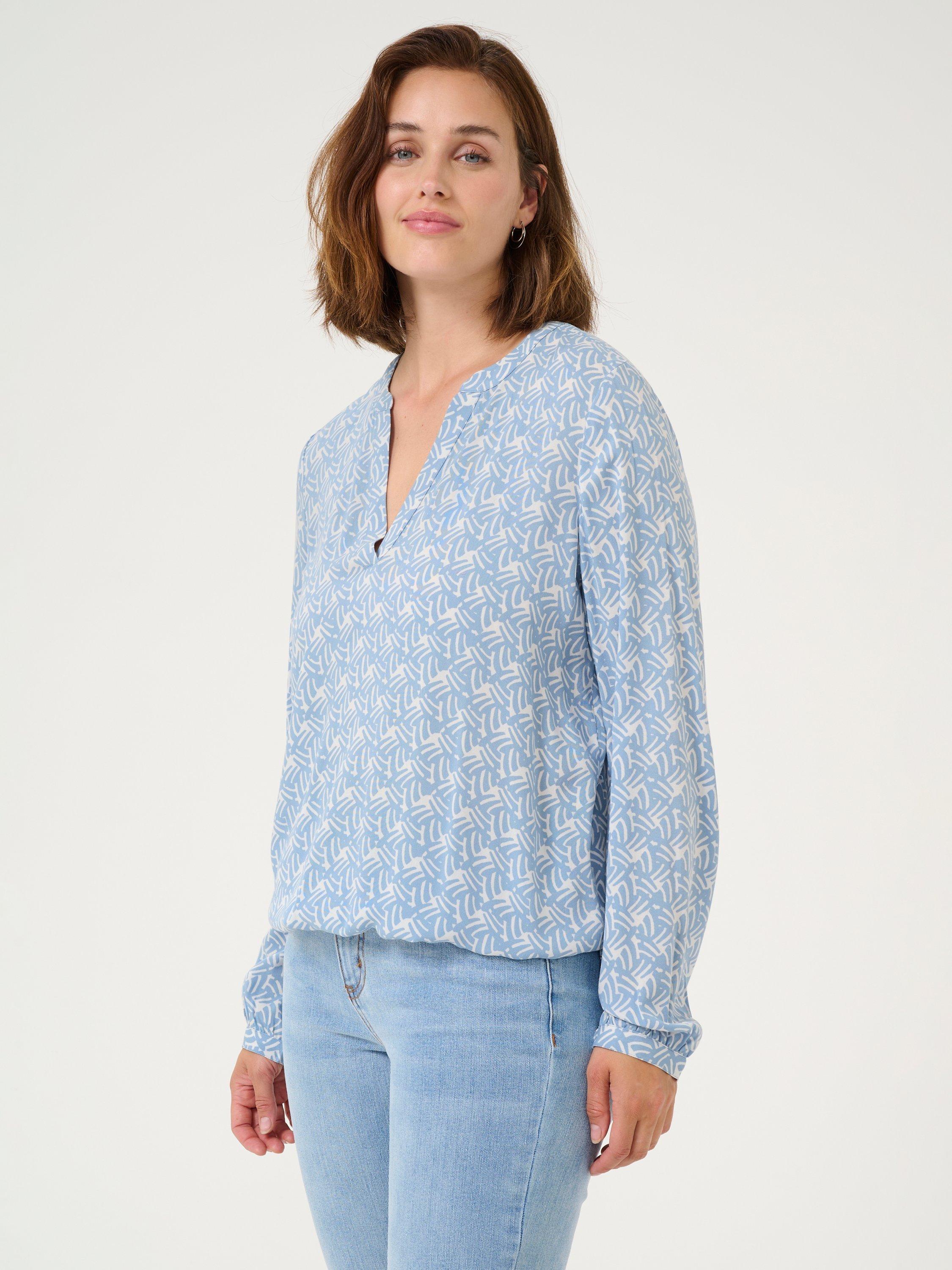 Product image 1 of 6, which shows KAFFE Ditte Moonstruck Print V-Neck Blouse, Mid Blue, 8