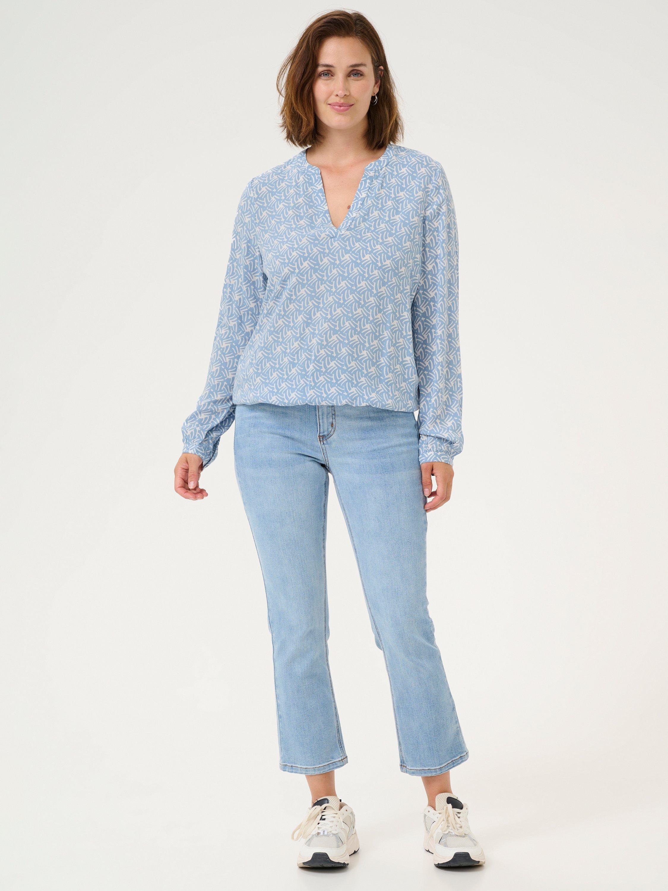 Product image 3 of 6, which shows KAFFE Ditte Moonstruck Print V-Neck Blouse, Mid Blue, 8
