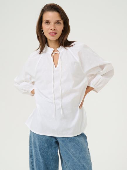 KAFFE Ulla Embroidered Tie Neck Top, White, White