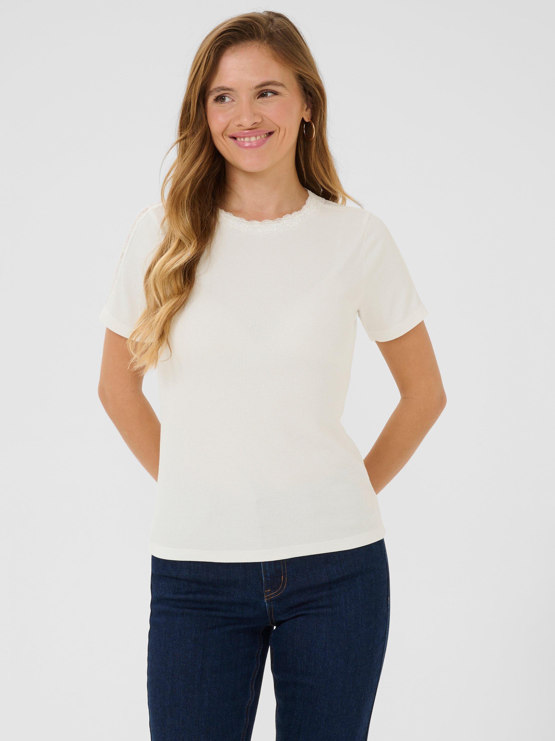 Product image 1 of 4, which shows KAFFE Jenna Lace T-Shirt, Chalk, M