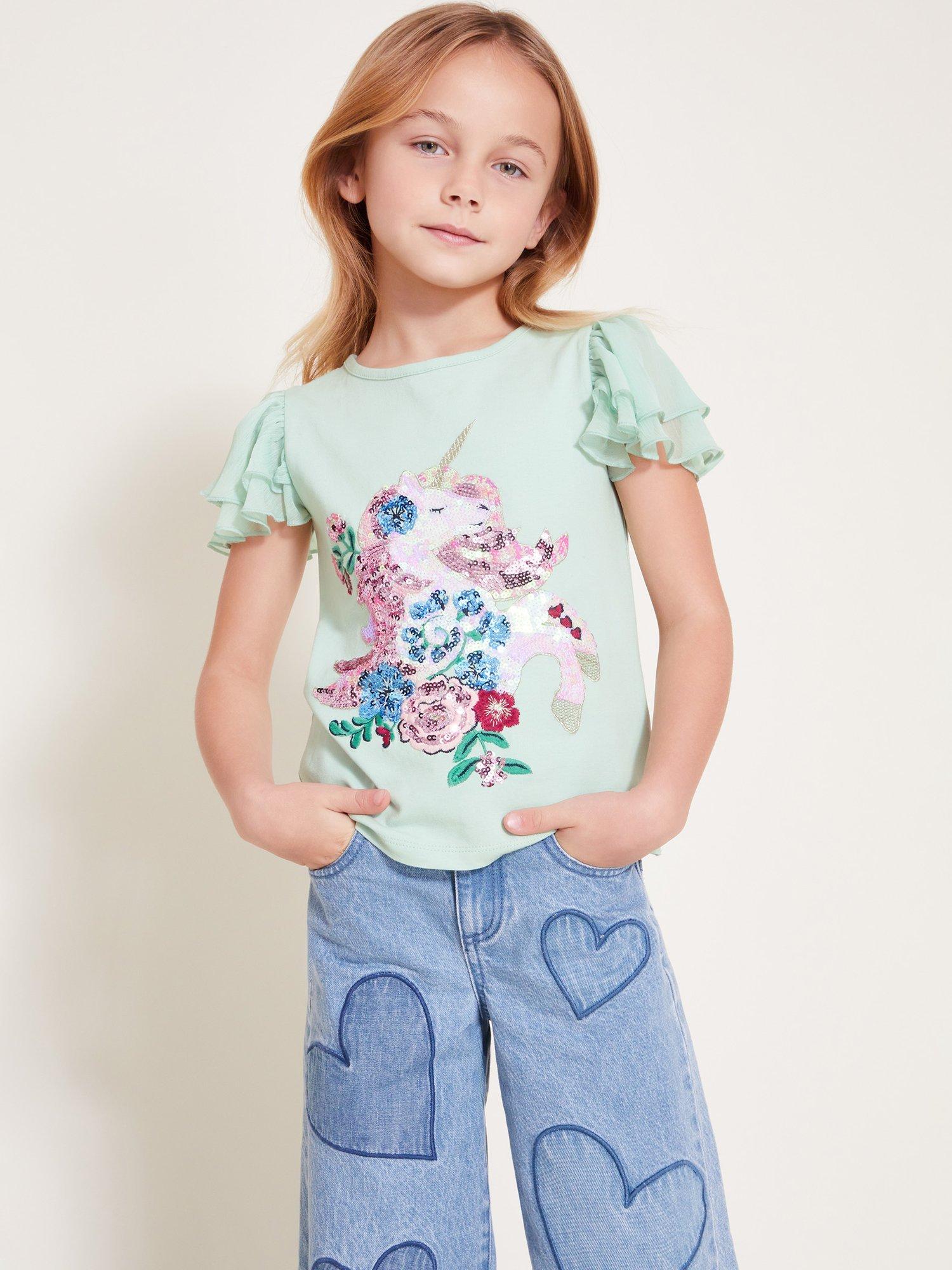 Product image 1 of 4, which shows Monsoon Kids' Frilly T-Shirt, Green, 5-6 years