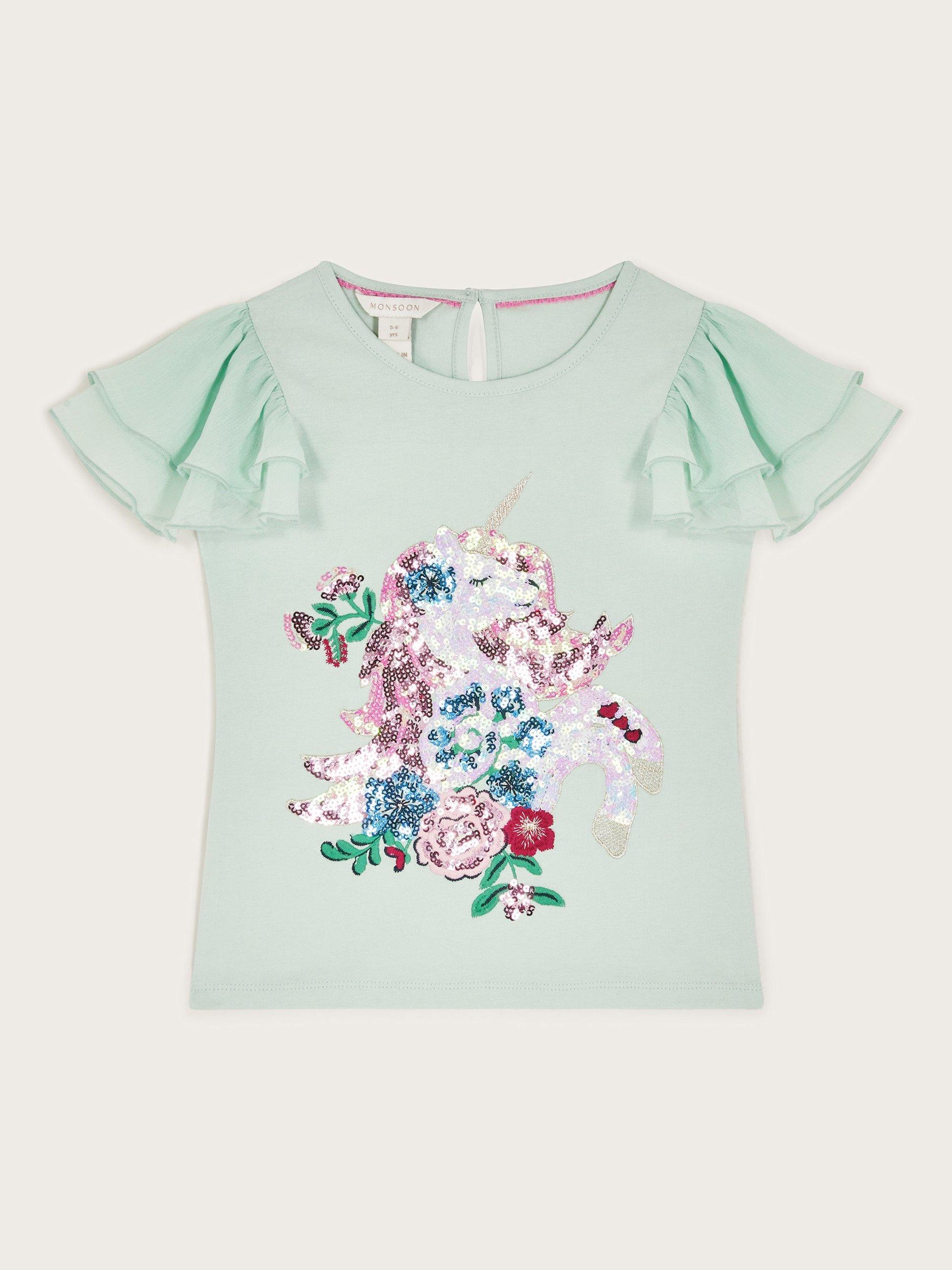 Product image 2 of 4, which shows Monsoon Kids' Frilly T-Shirt, Green, 5-6 years