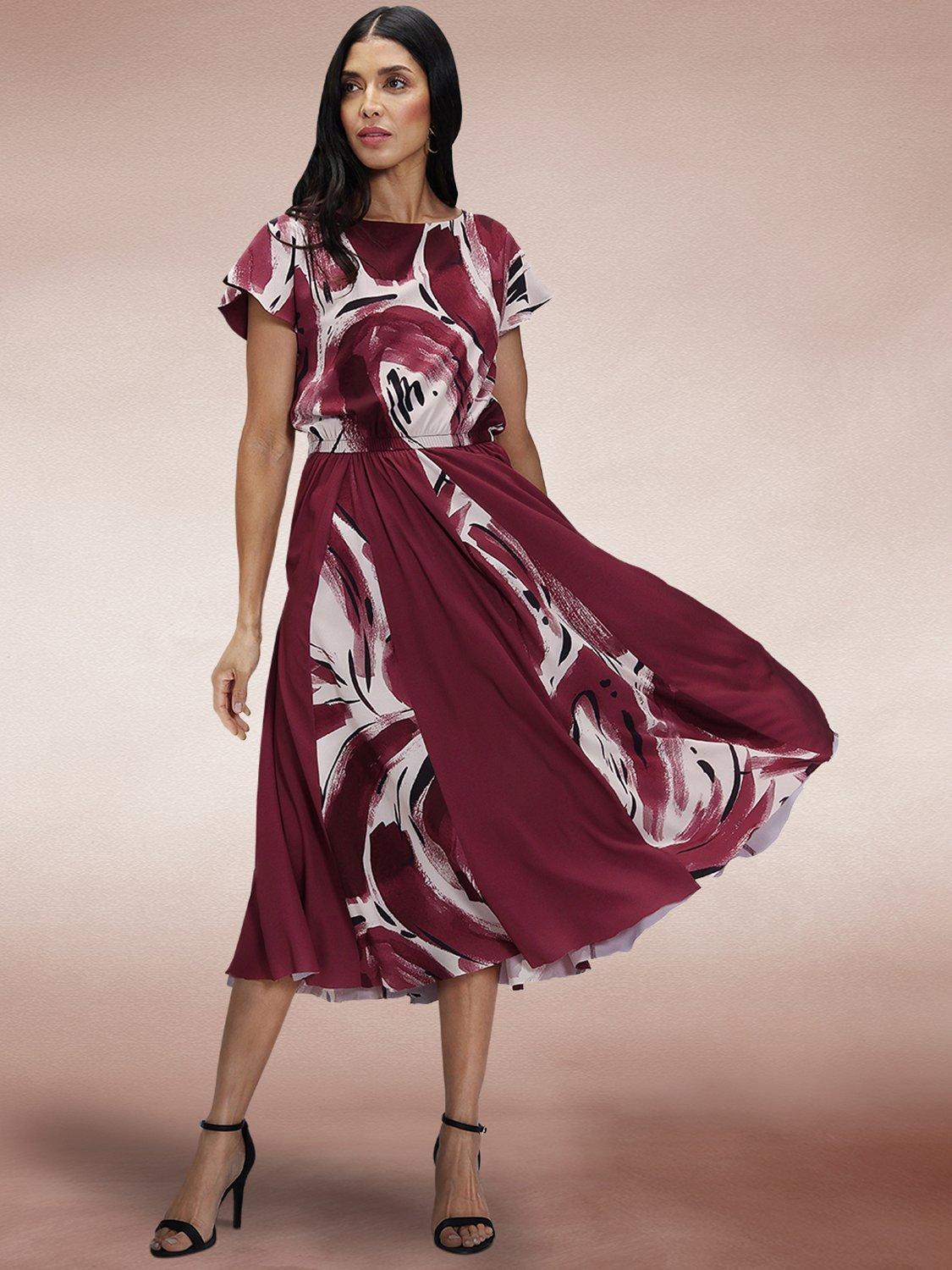 Product image 1 of 8, which shows HotSquash Pleated Midi Dress, Burgundy, 8