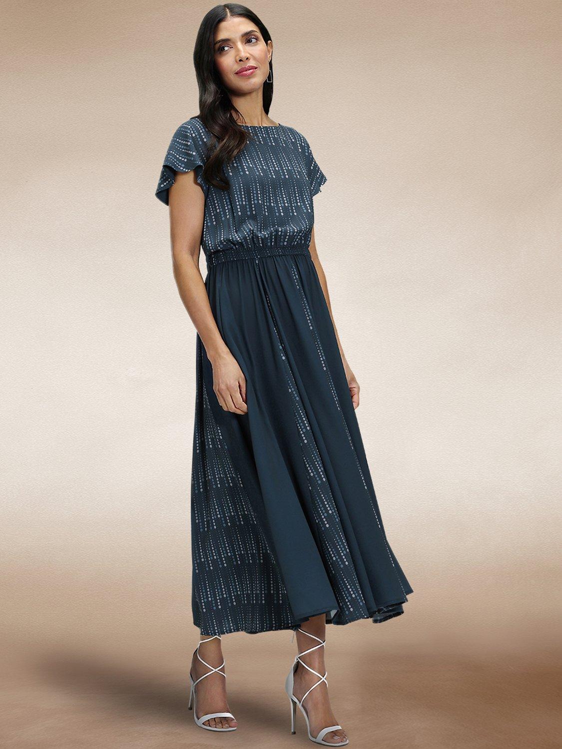 Product image 1 of 6, which shows HotSquash Pleated Midi Dress, Teal Drops, 8