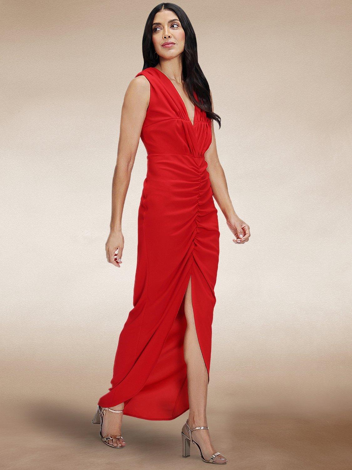 Product image 1 of 7, which shows HotSquash V-Neck Ruched Maxi Dress, Red, 8