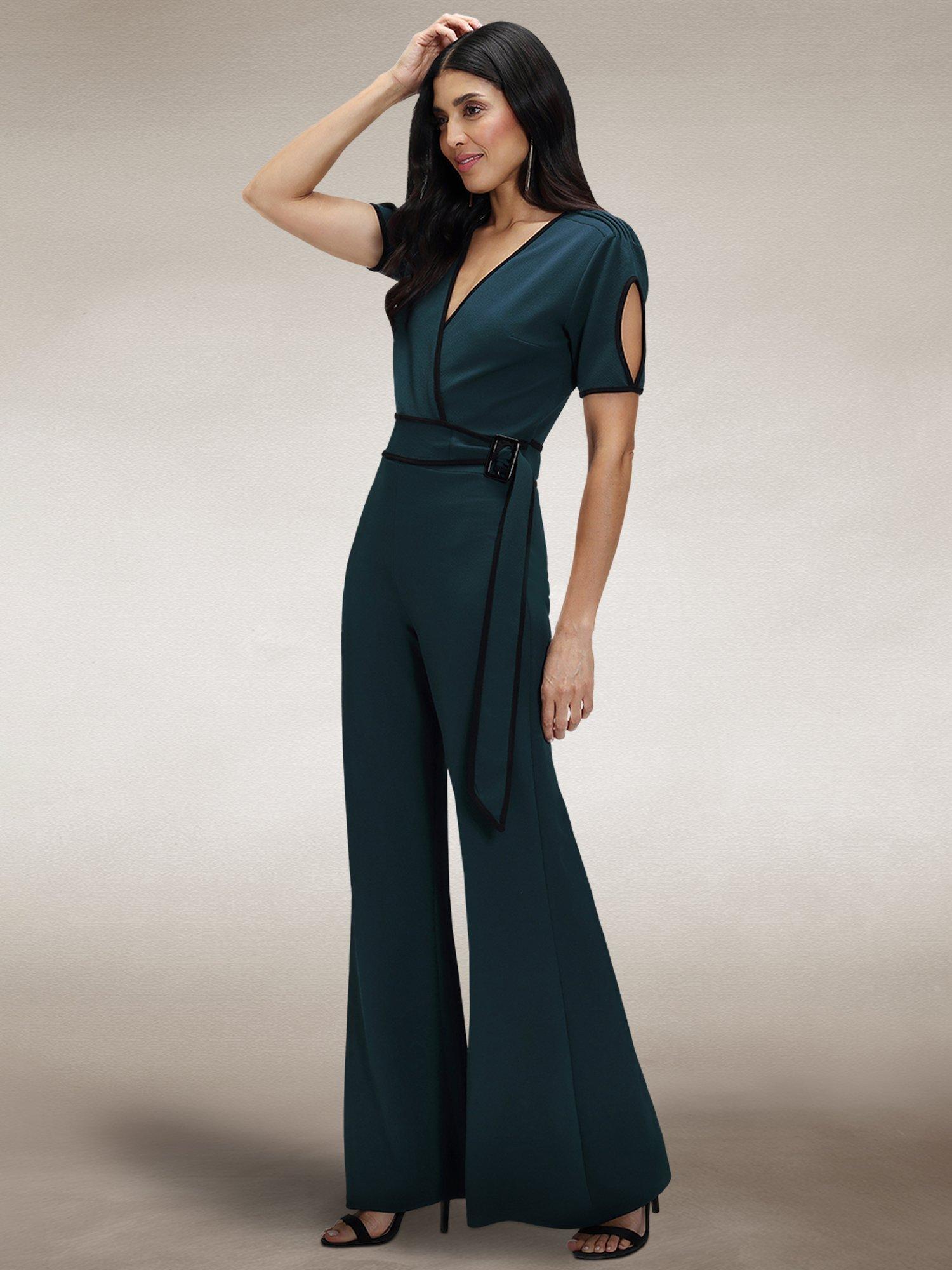 Product image 1 of 8, which shows HotSquash Contrast Piping Detail Jumpsuit, Teal, 8