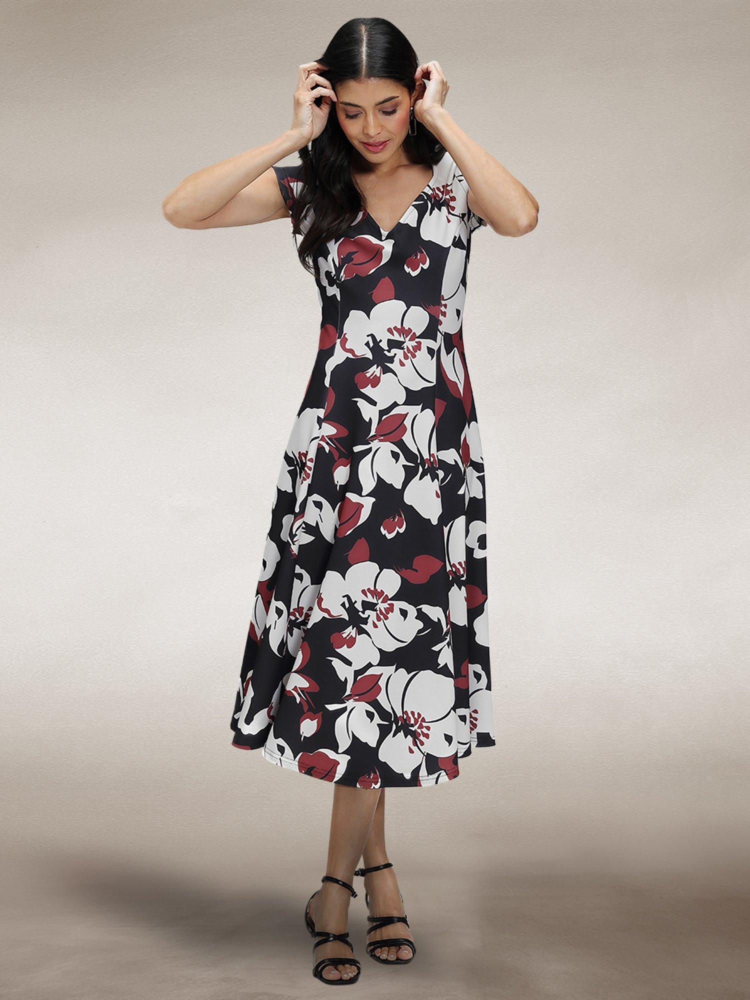 Product image 1 of 6, which shows HotSquash Floral A-Line Midi Dress, Burgundy/White, 8