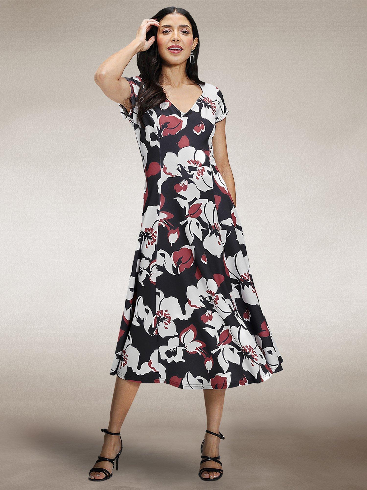 Product image 2 of 6, which shows HotSquash Floral A-Line Midi Dress, Burgundy/White, 8