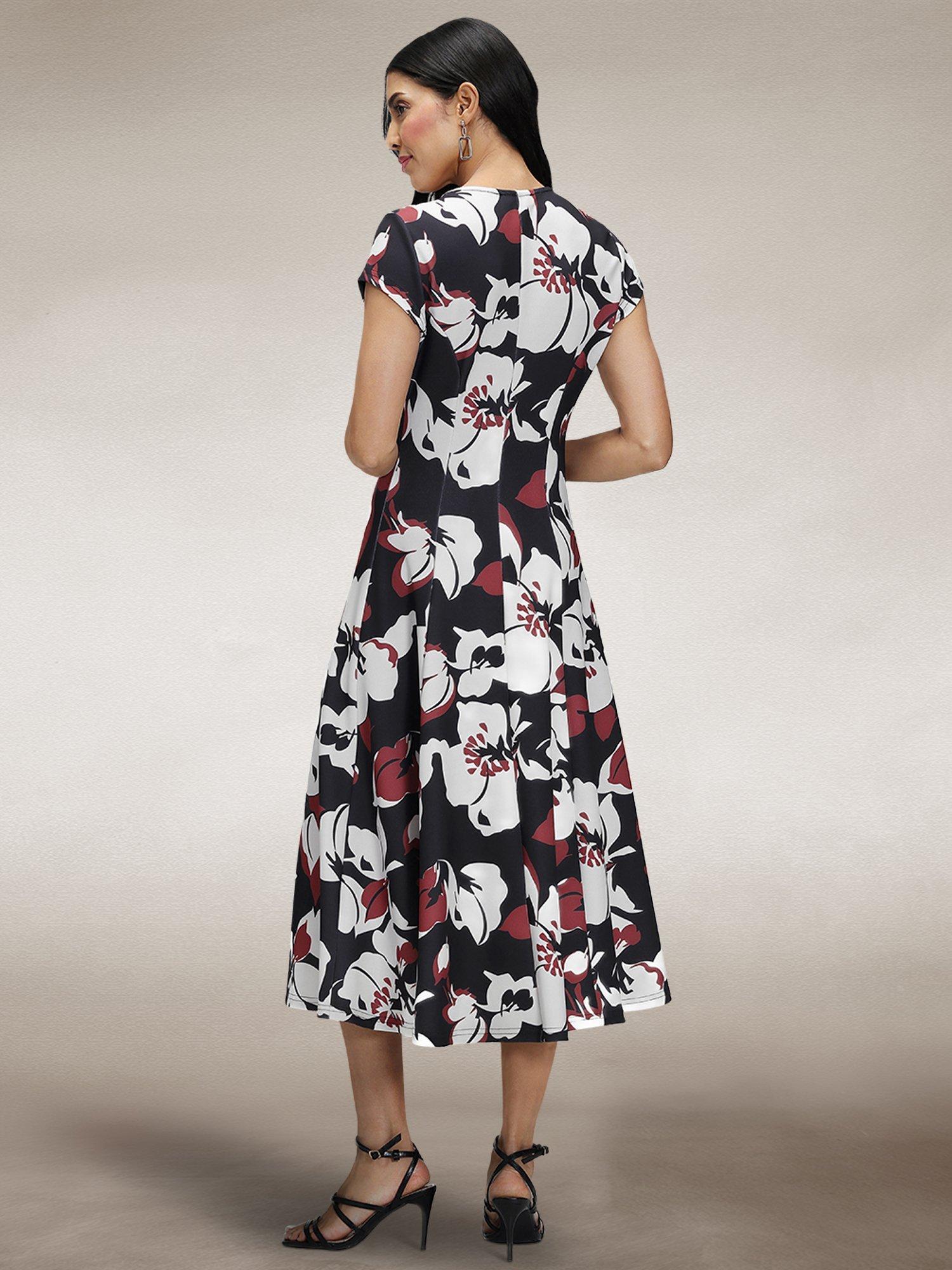 Product image 4 of 6, which shows HotSquash Floral A-Line Midi Dress, Burgundy/White, 8
