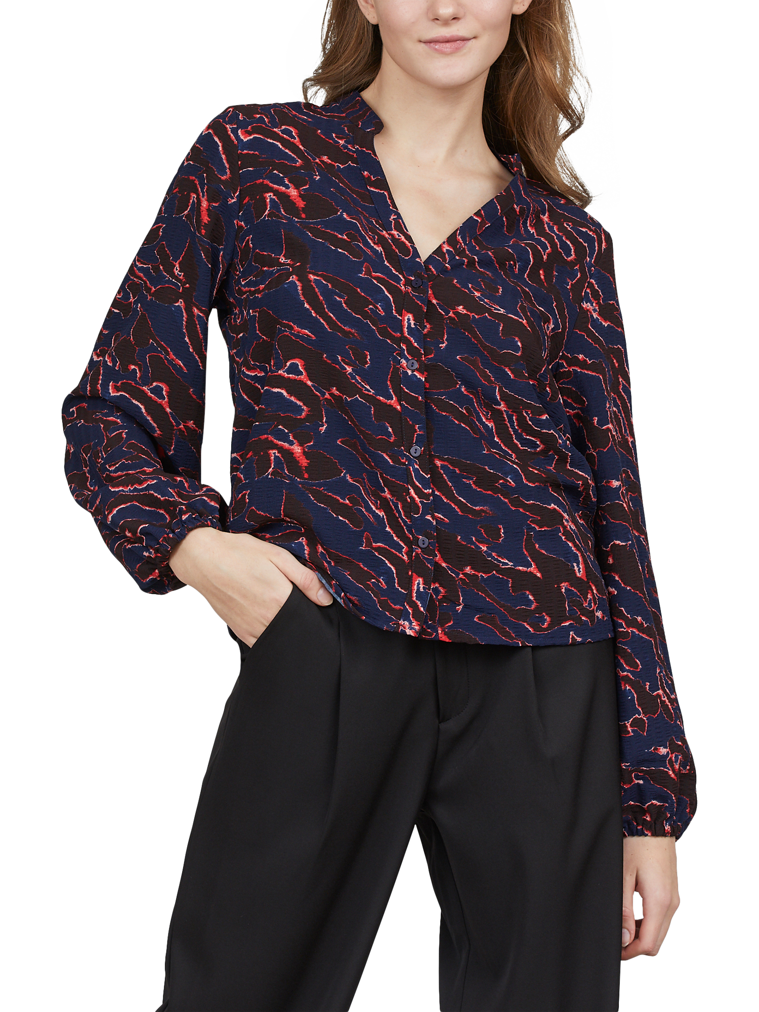 Product image 1 of 4, which shows Sisters Point Viaba Abstract Floral Shirt, Navy/Red, XS