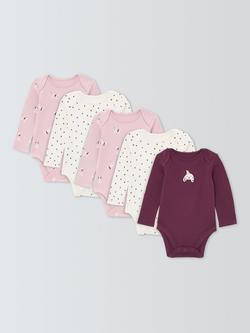 John Lewis Baby Spotty Dogs Long Sleeve Bodysuits, Pack of 5, Purple Multi, Purple Multi