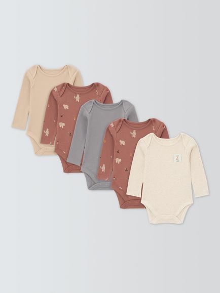 John Lewis Baby Bears Long Sleeve Bodysuits, Pack of 5, Neutral Multi, Neutral Multi