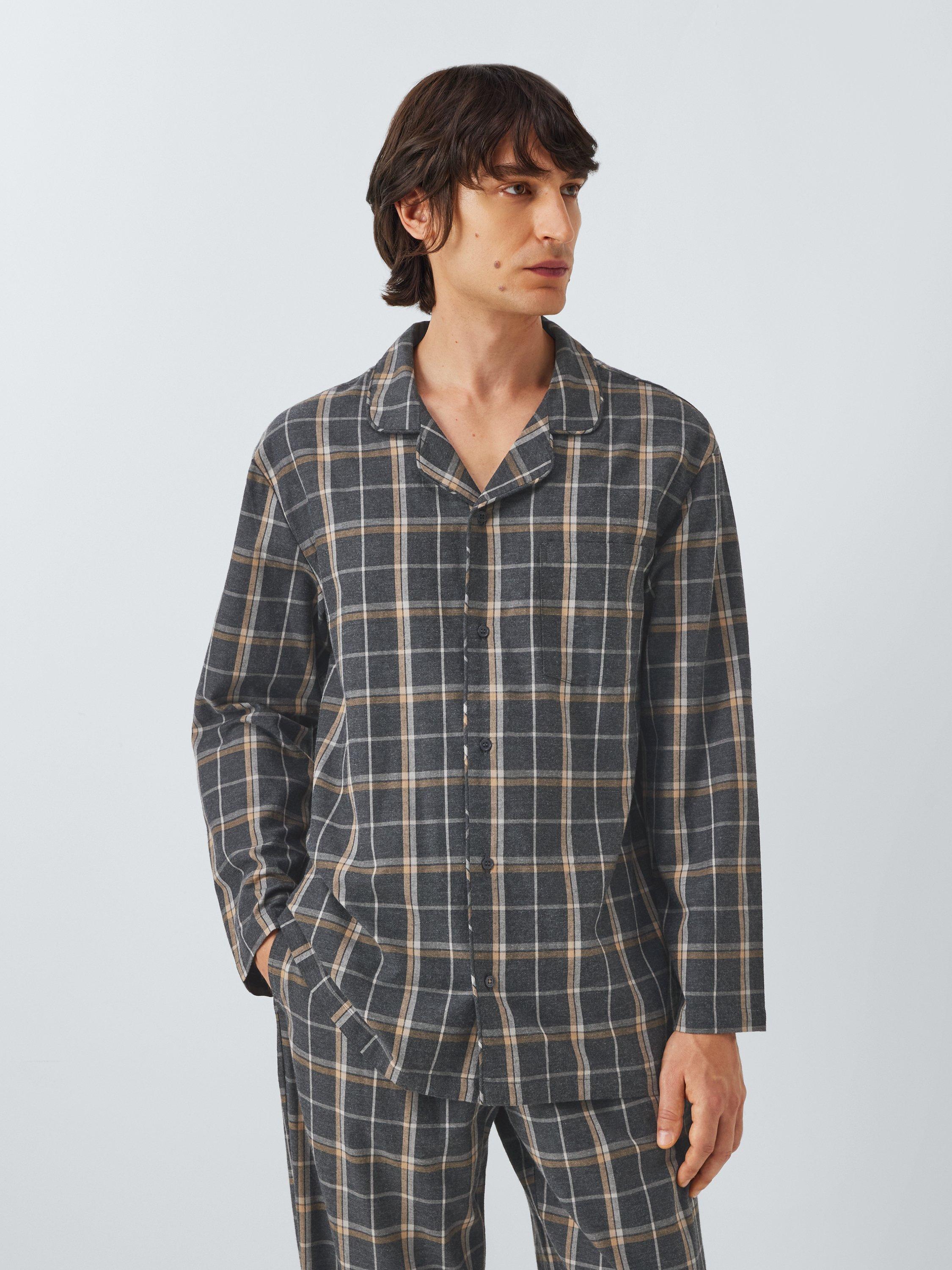 Product image 1 of 6, which shows John Lewis Organic Cotton Brushed Check Pyjama Set, Grey Charcoal, S