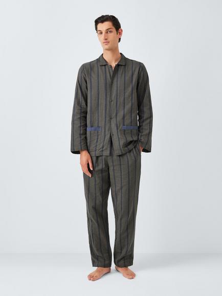 John Lewis Organic Cotton Double Cloth Check Pyjama Set, Green Olive, Green Olive