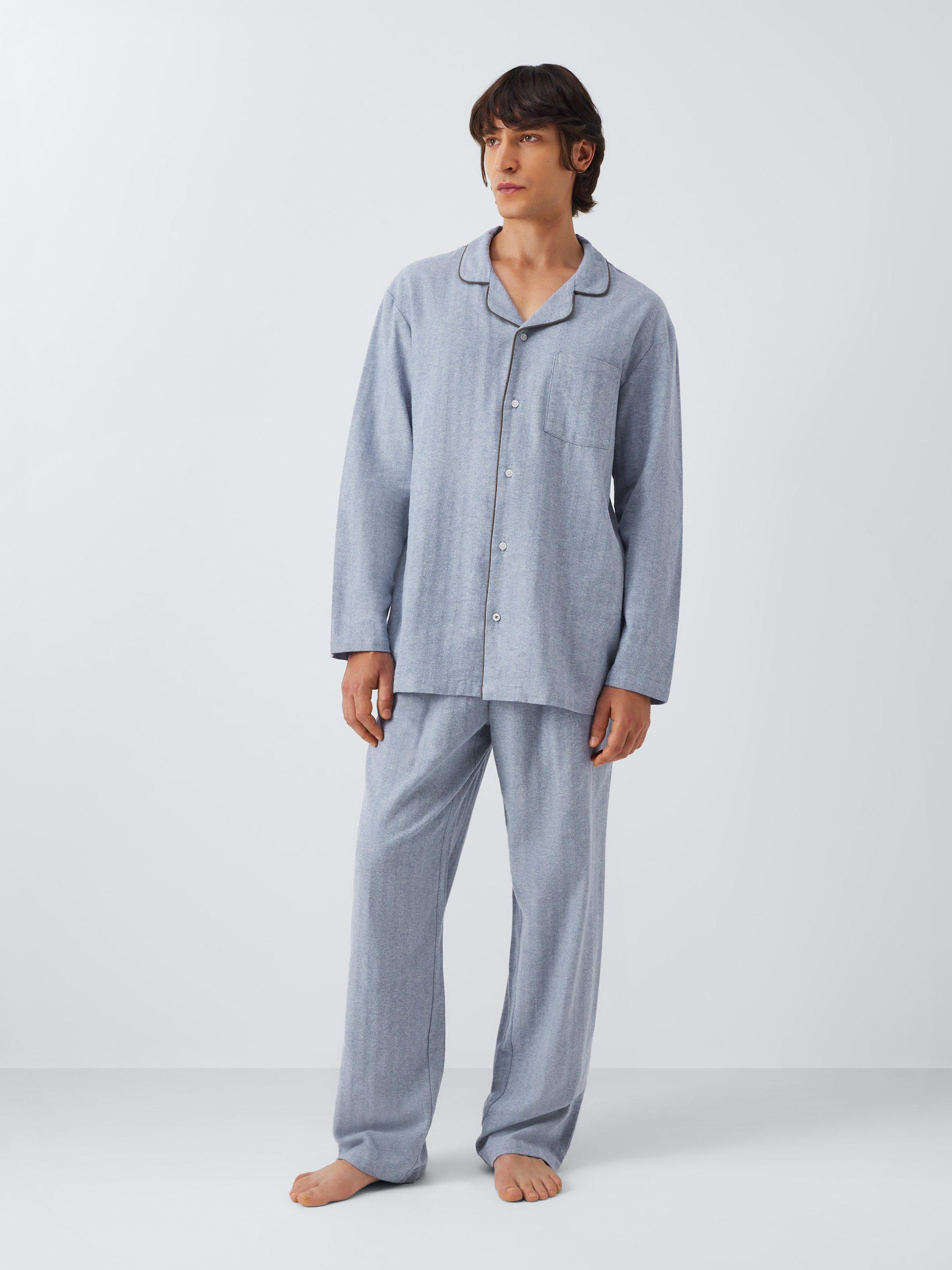 Product image 1 of 6, which shows John Lewis Organic Cotton Herringbone Pyjama Set, Blue Mid, M