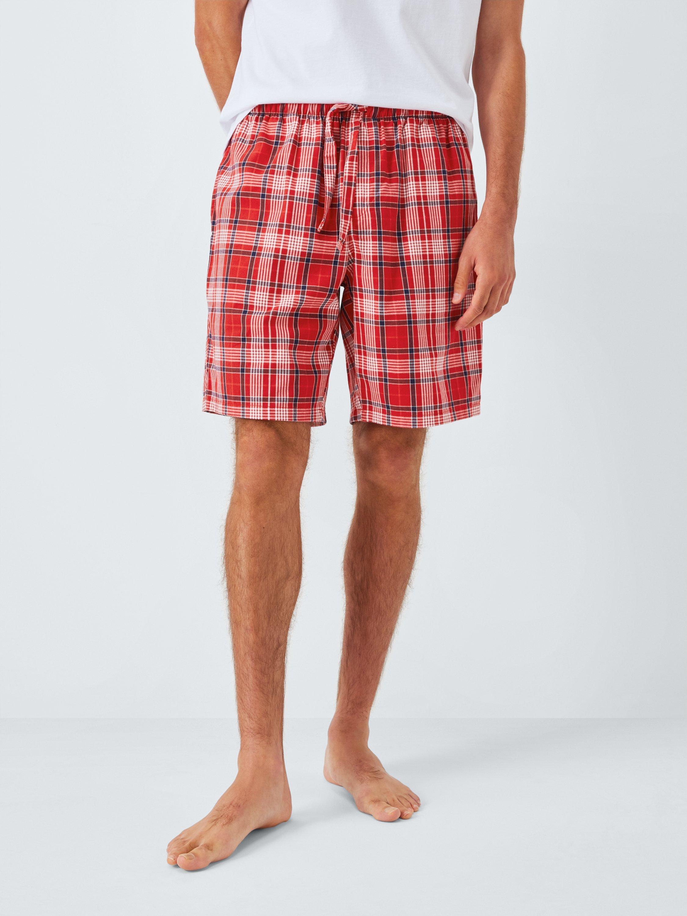 Product image 1 of 6, which shows John Lewis Organic Cotton Check Lounge Shorts, Red Mid, S