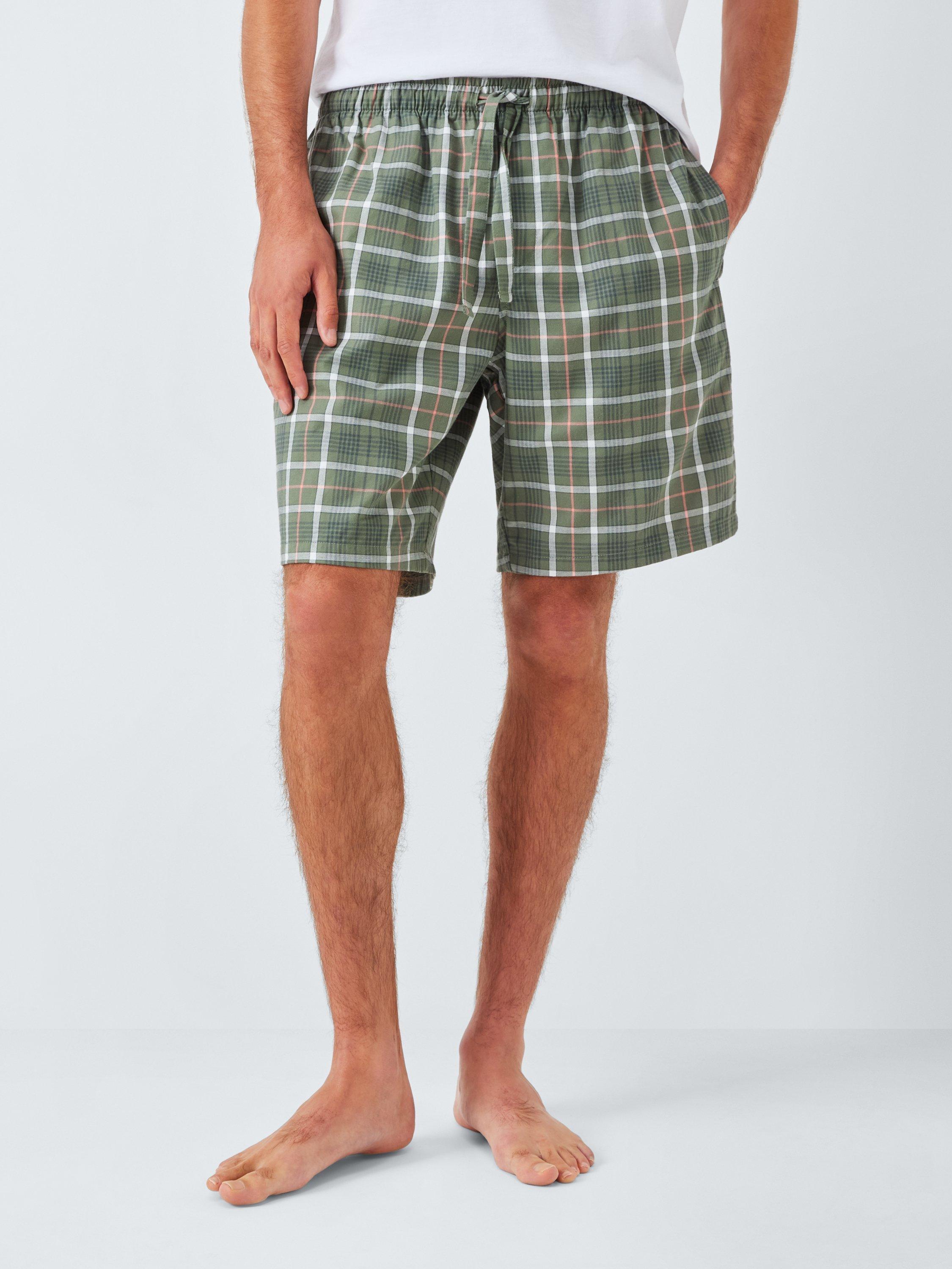 John Lewis Organic Cotton Check Lounge Shorts, Green Olive