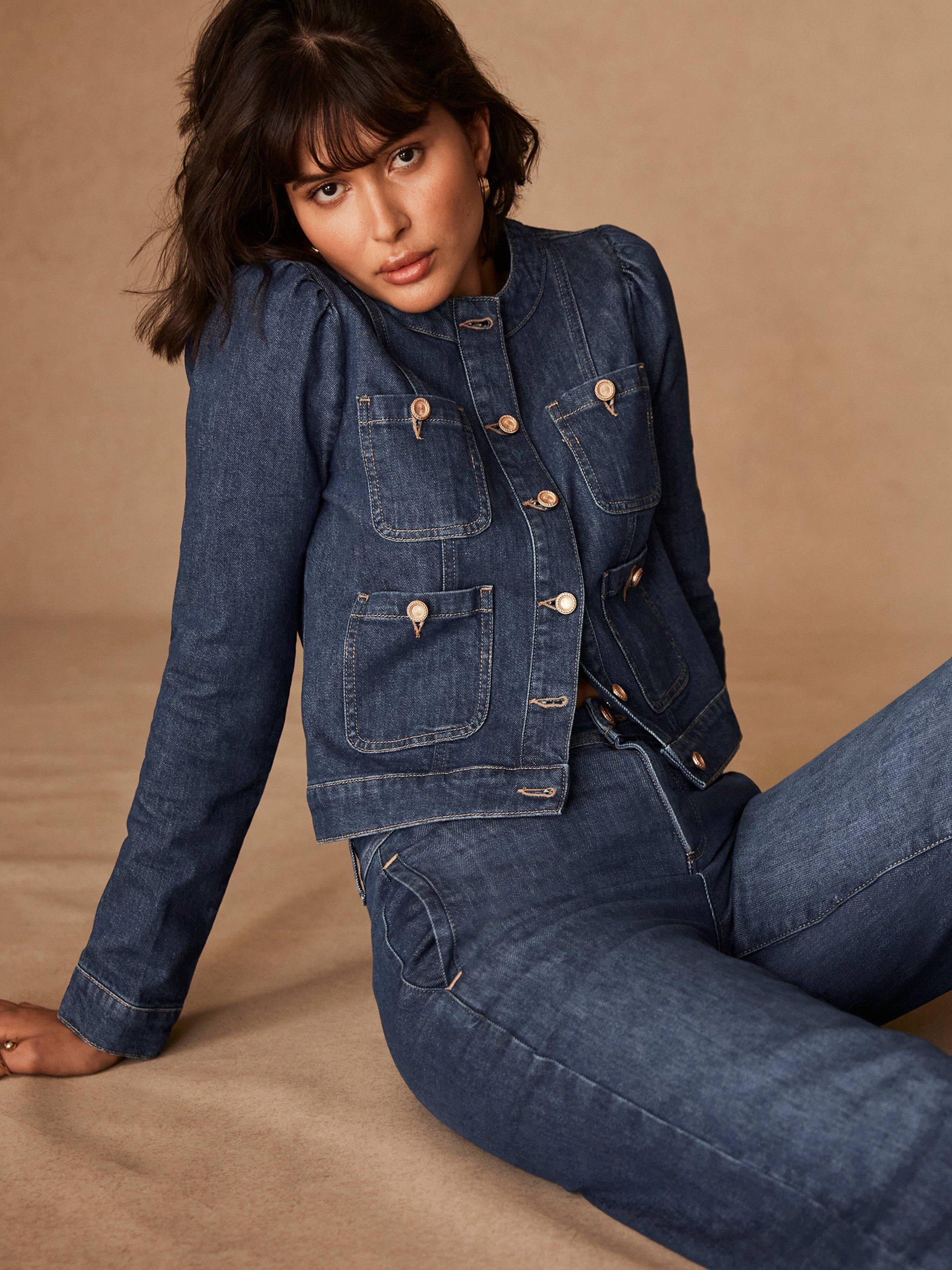 Product image 1 of 8, which shows Mint Velvet Puff Sleeve Cropped Denim Jacket, Blue Indigo, L