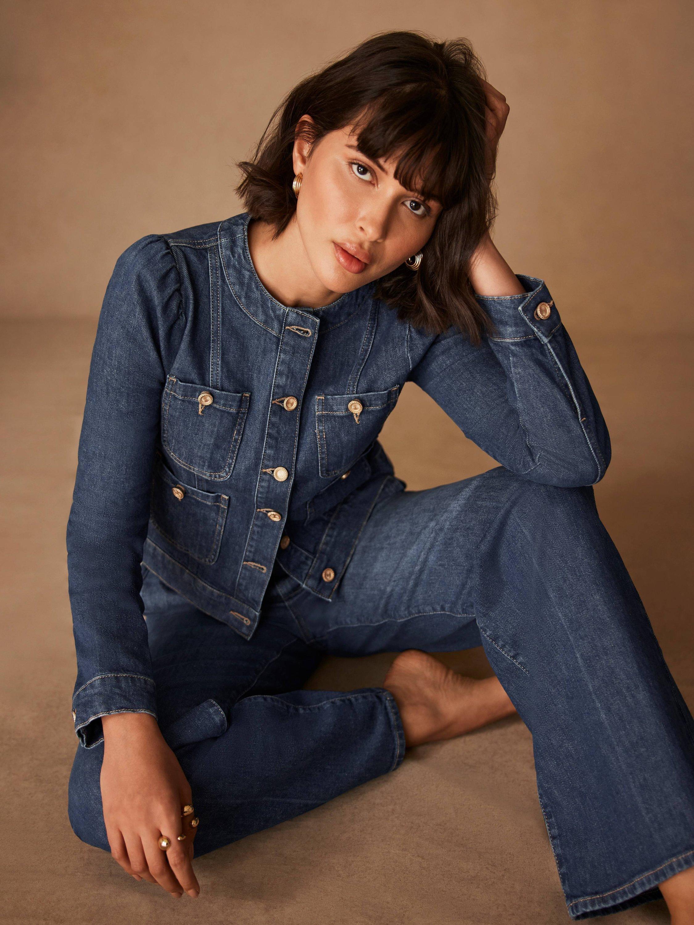 Product image 2 of 8, which shows Mint Velvet Puff Sleeve Cropped Denim Jacket, Blue Indigo, L