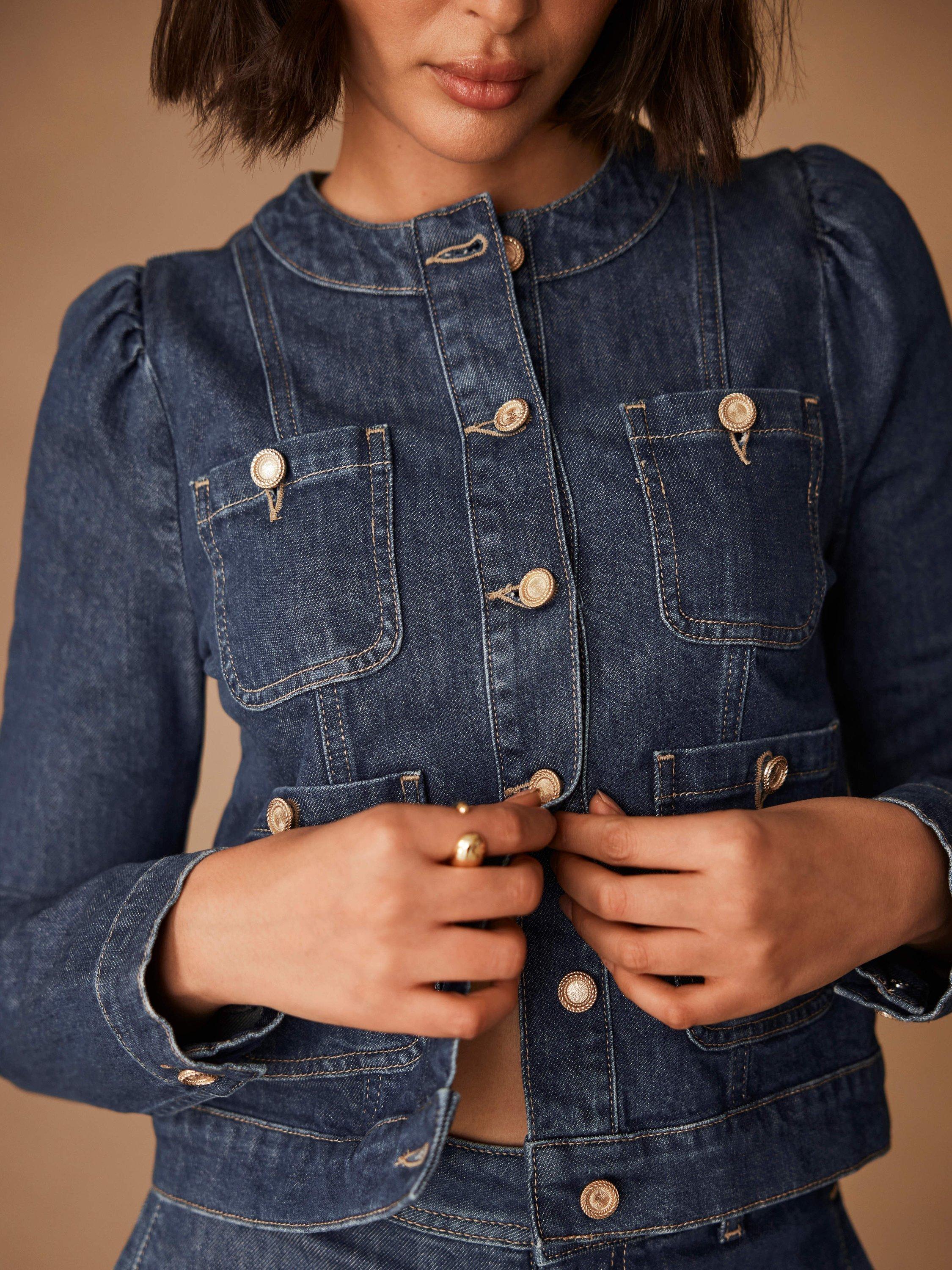 Product image 3 of 8, which shows Mint Velvet Puff Sleeve Cropped Denim Jacket, Blue Indigo, L