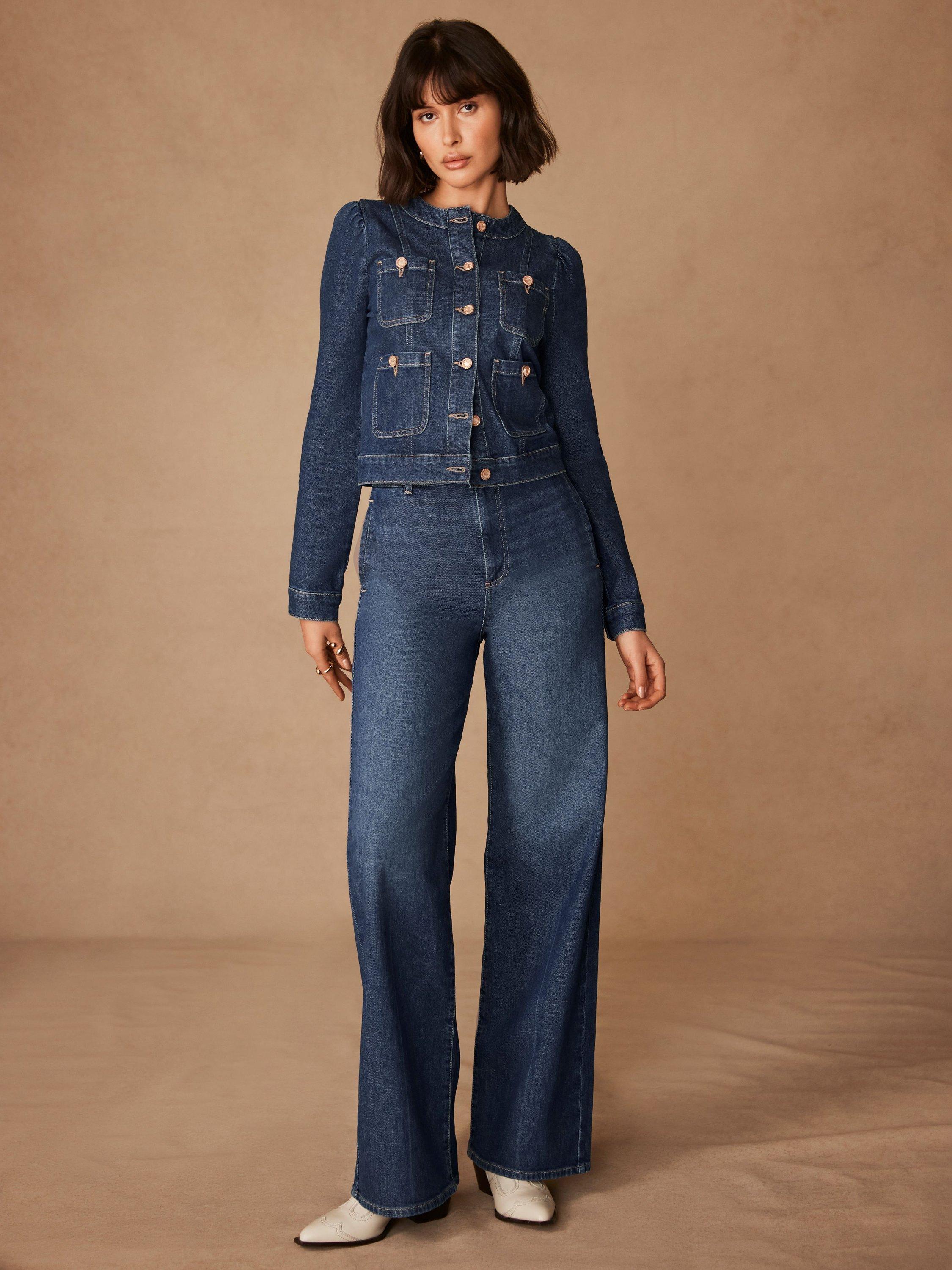 Product image 4 of 8, which shows Mint Velvet Puff Sleeve Cropped Denim Jacket, Blue Indigo, L