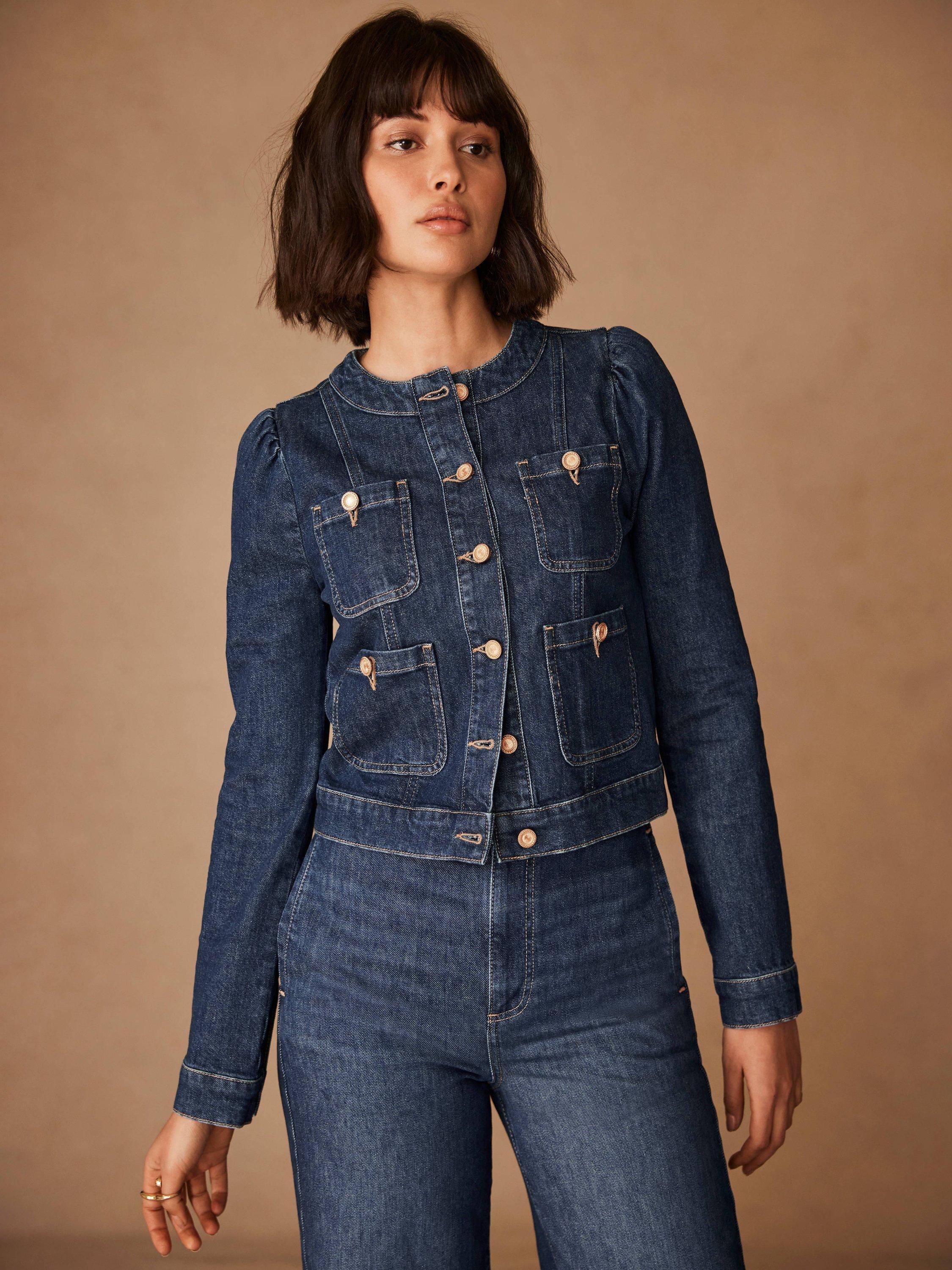 Product image 5 of 8, which shows Mint Velvet Puff Sleeve Cropped Denim Jacket, Blue Indigo, L