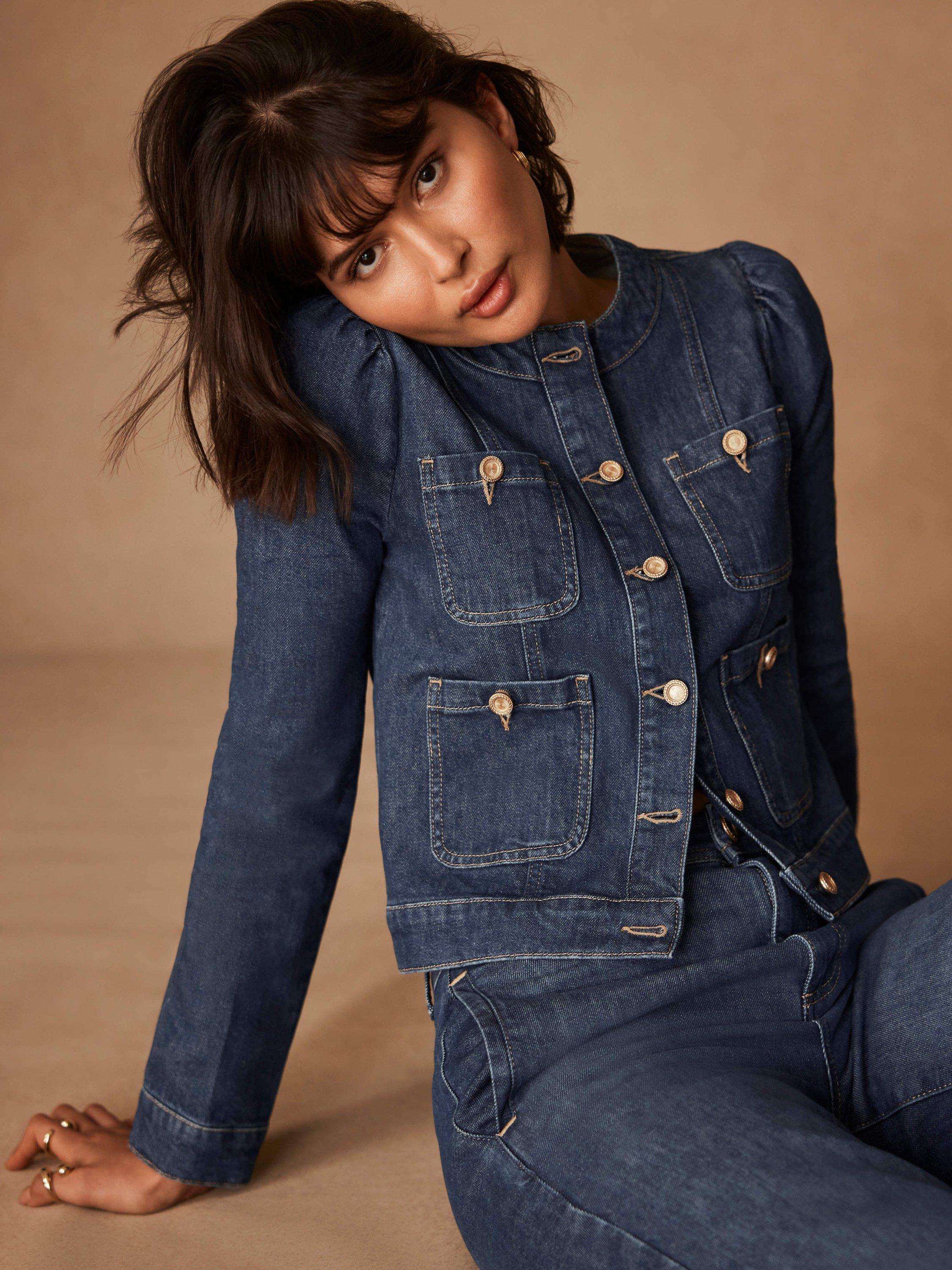 Product image 6 of 8, which shows Mint Velvet Puff Sleeve Cropped Denim Jacket, Blue Indigo, L