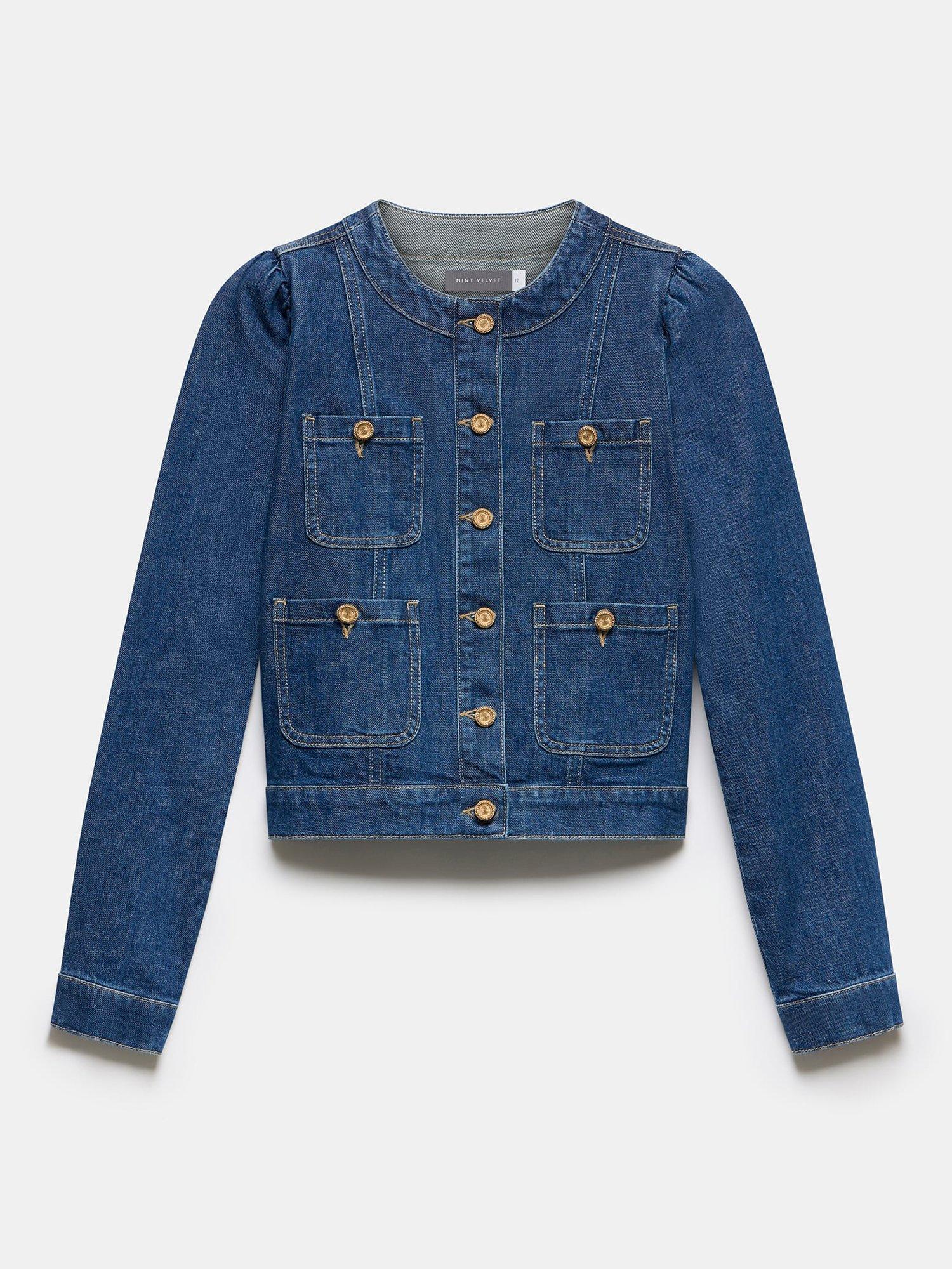 Product image 7 of 8, which shows Mint Velvet Puff Sleeve Cropped Denim Jacket, Blue Indigo, L