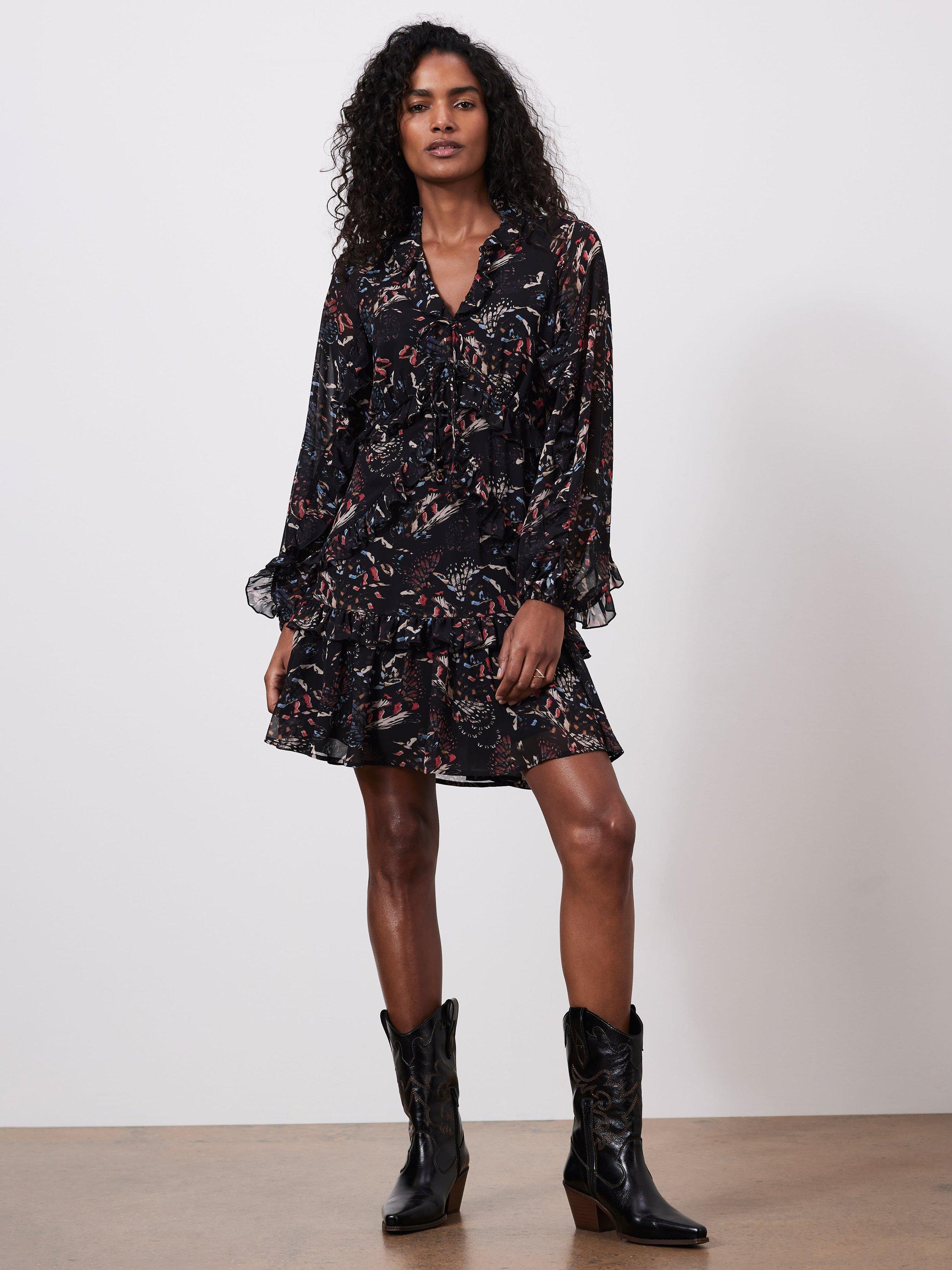 Mint Velvet Abstract Print Ruffle Mini Dress, Black