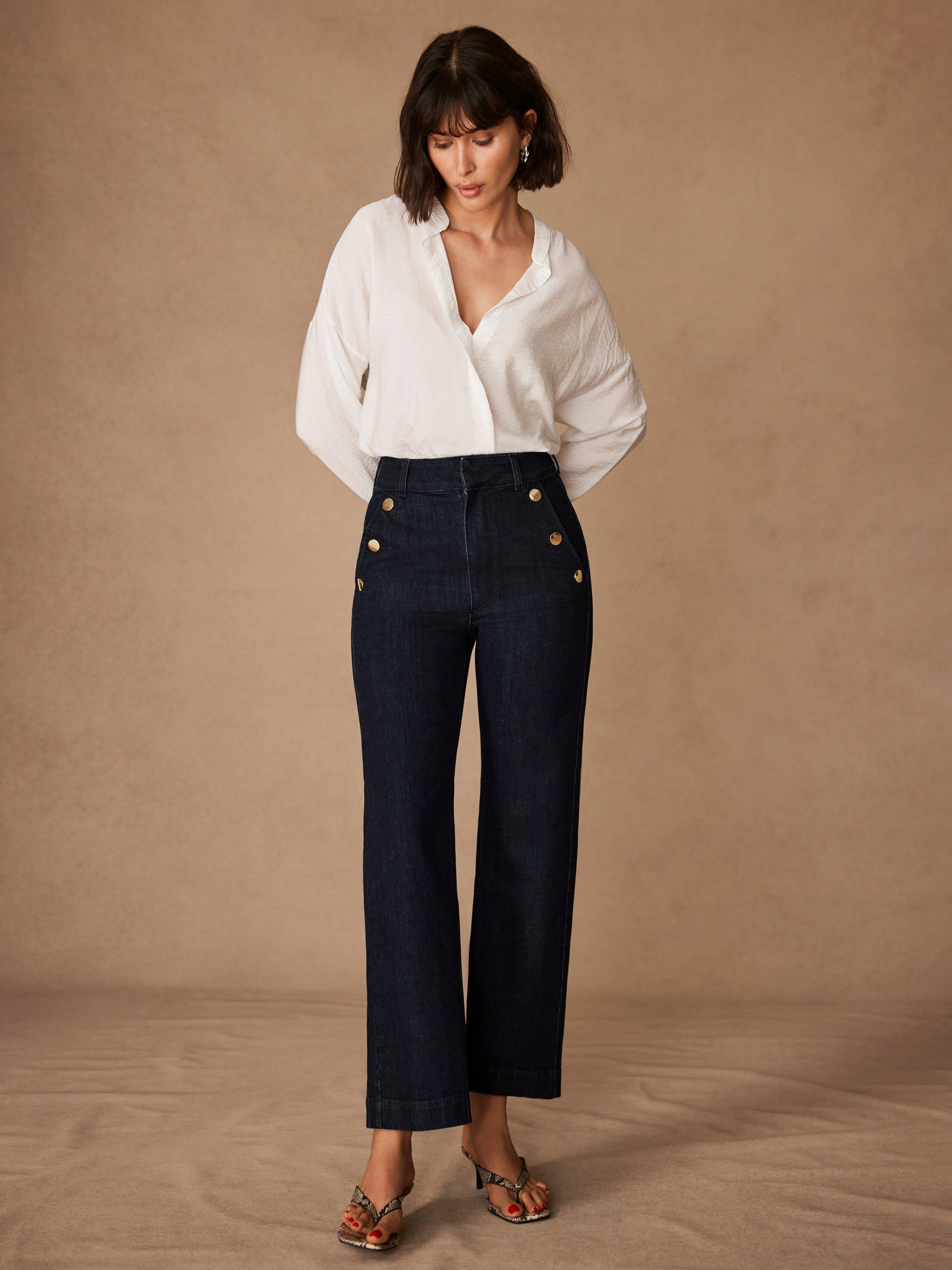Product image 1 of 7, which shows Mint Velvet Button Detail Cropped Jeans, Dark Indigo, 6R