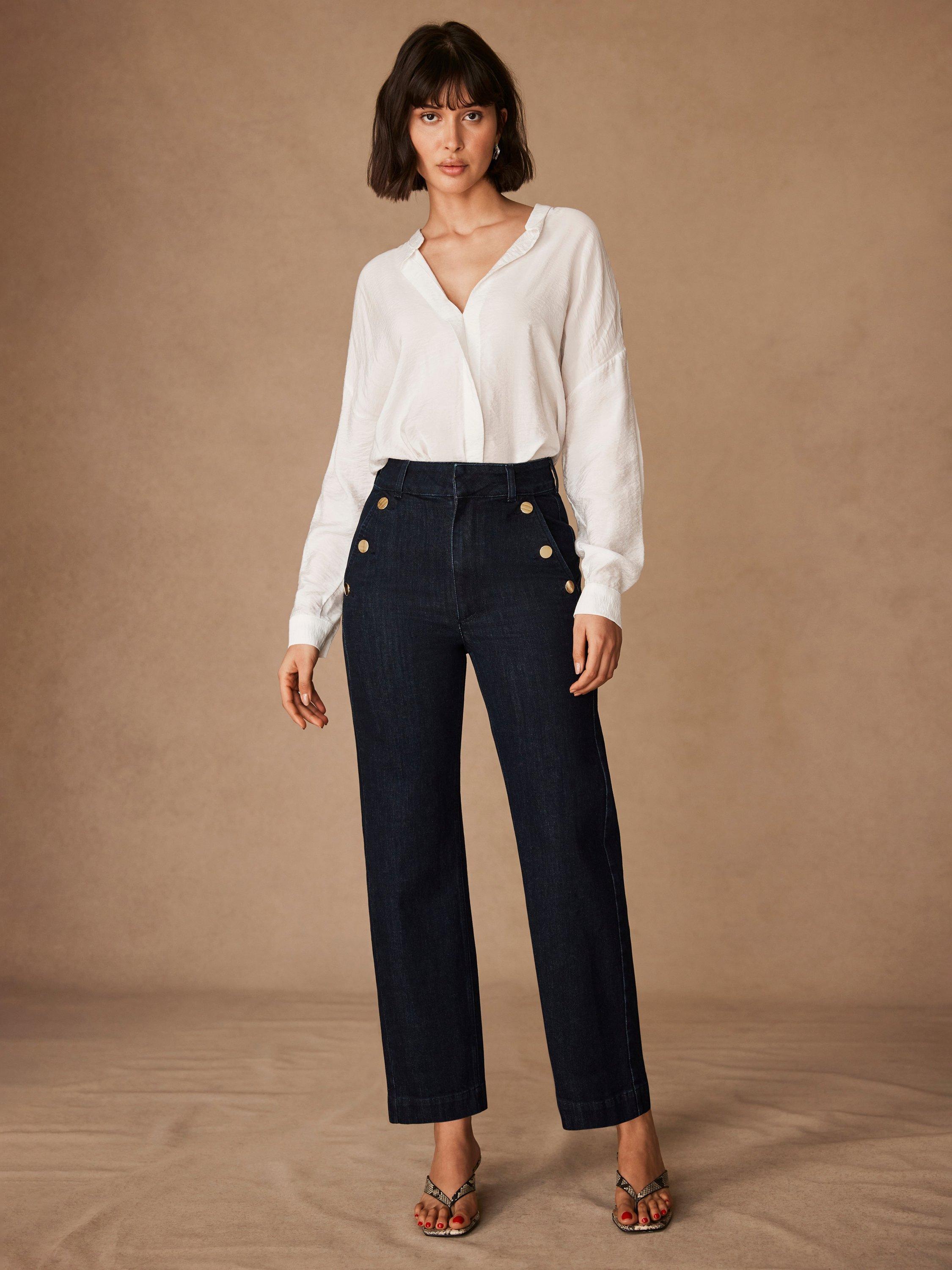 Product image 2 of 7, which shows Mint Velvet Button Detail Cropped Jeans, Dark Indigo, 6R