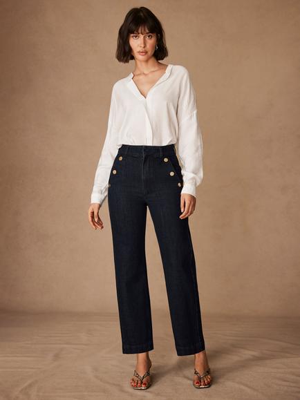 Mint Velvet Button Detail Cropped Jeans, Dark Indigo - view 2, Dark Indigo