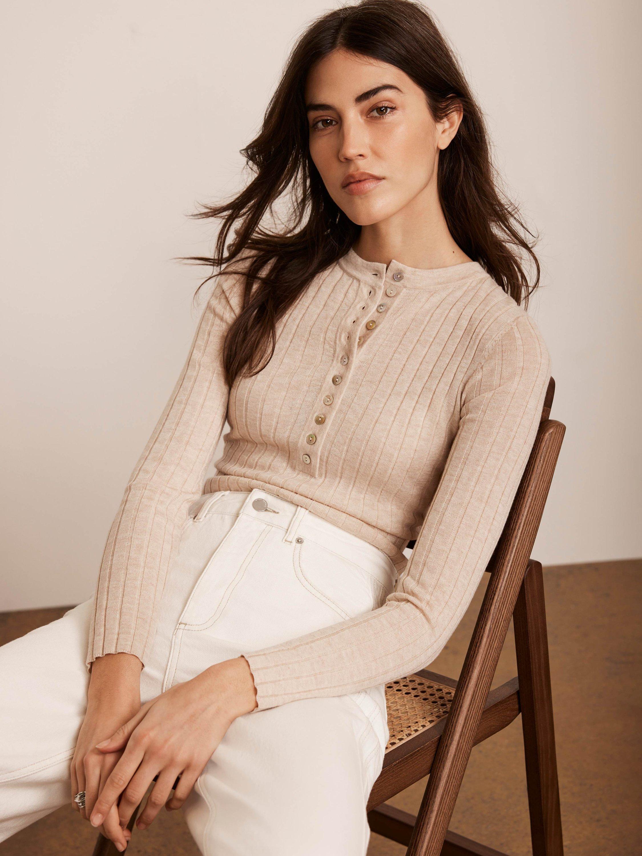 Mint Velvet Ribbed Polo Knit Top, Natural Multi