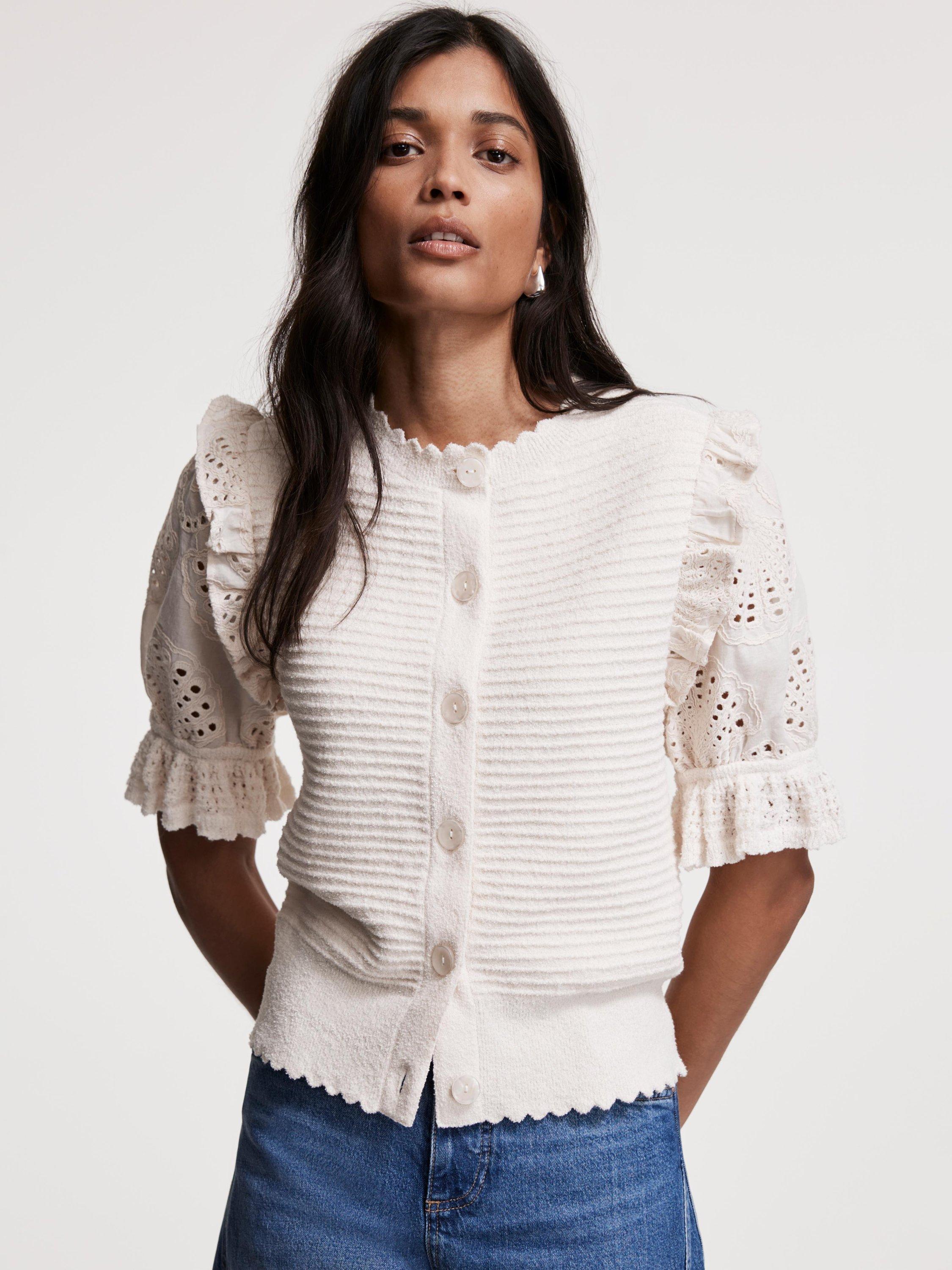 Product image 2 of 8, which shows Mint Velvet Broderie Anglaise Sleeve Cardigan, White Ivory, S