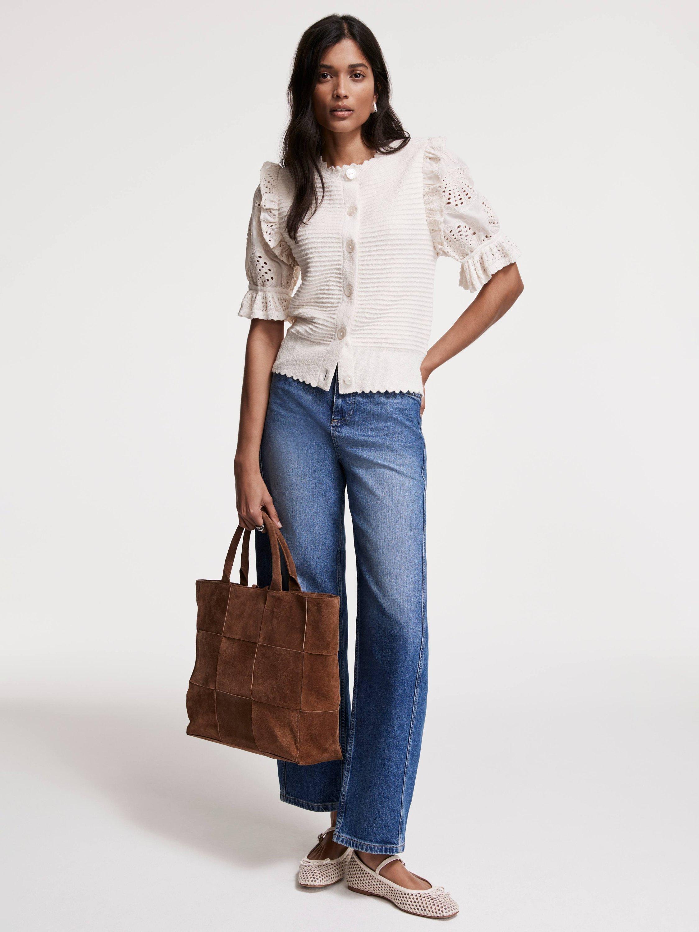 Product image 4 of 8, which shows Mint Velvet Broderie Anglaise Sleeve Cardigan, White Ivory, S