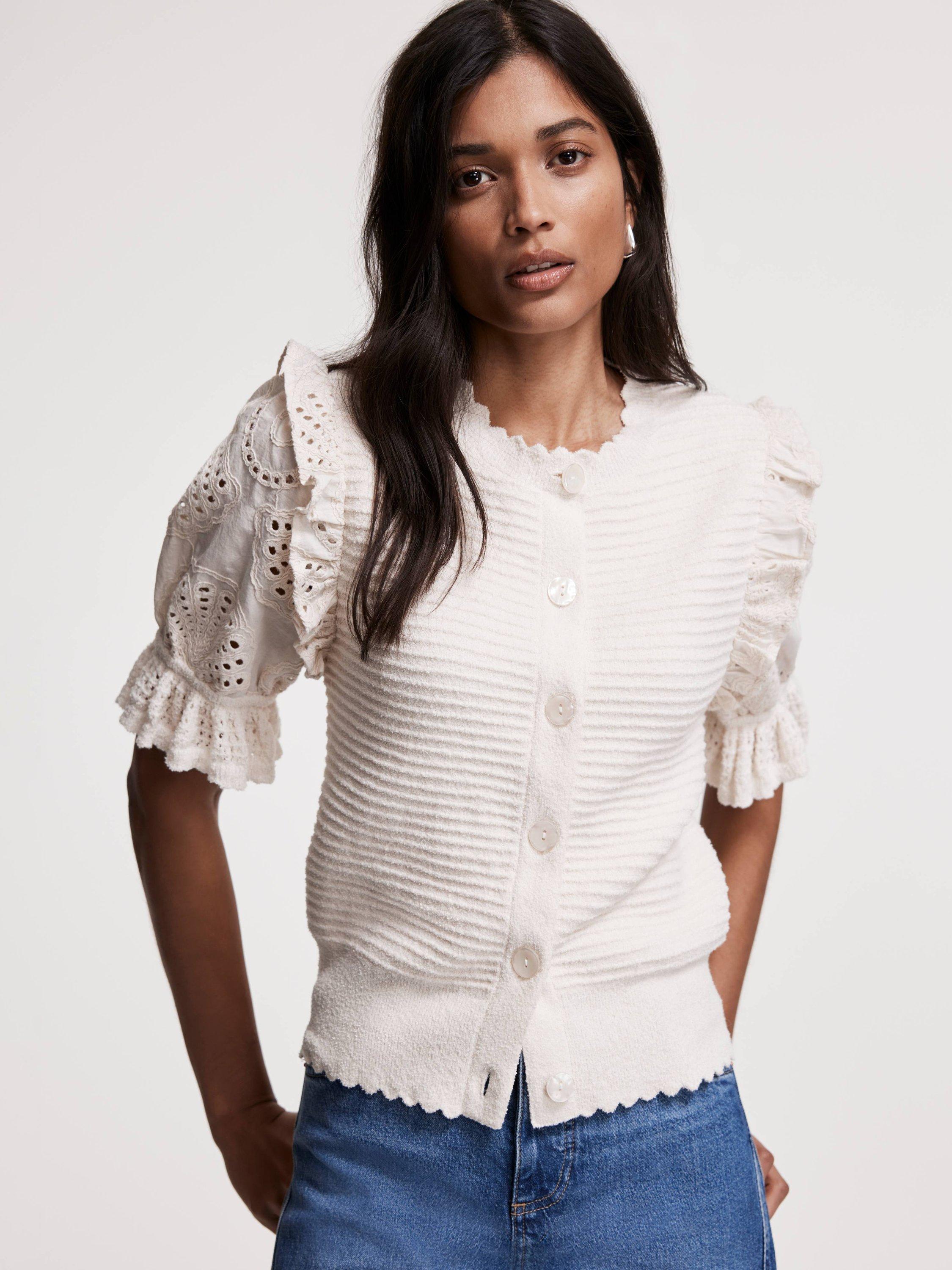 Product image 5 of 8, which shows Mint Velvet Broderie Anglaise Sleeve Cardigan, White Ivory, S