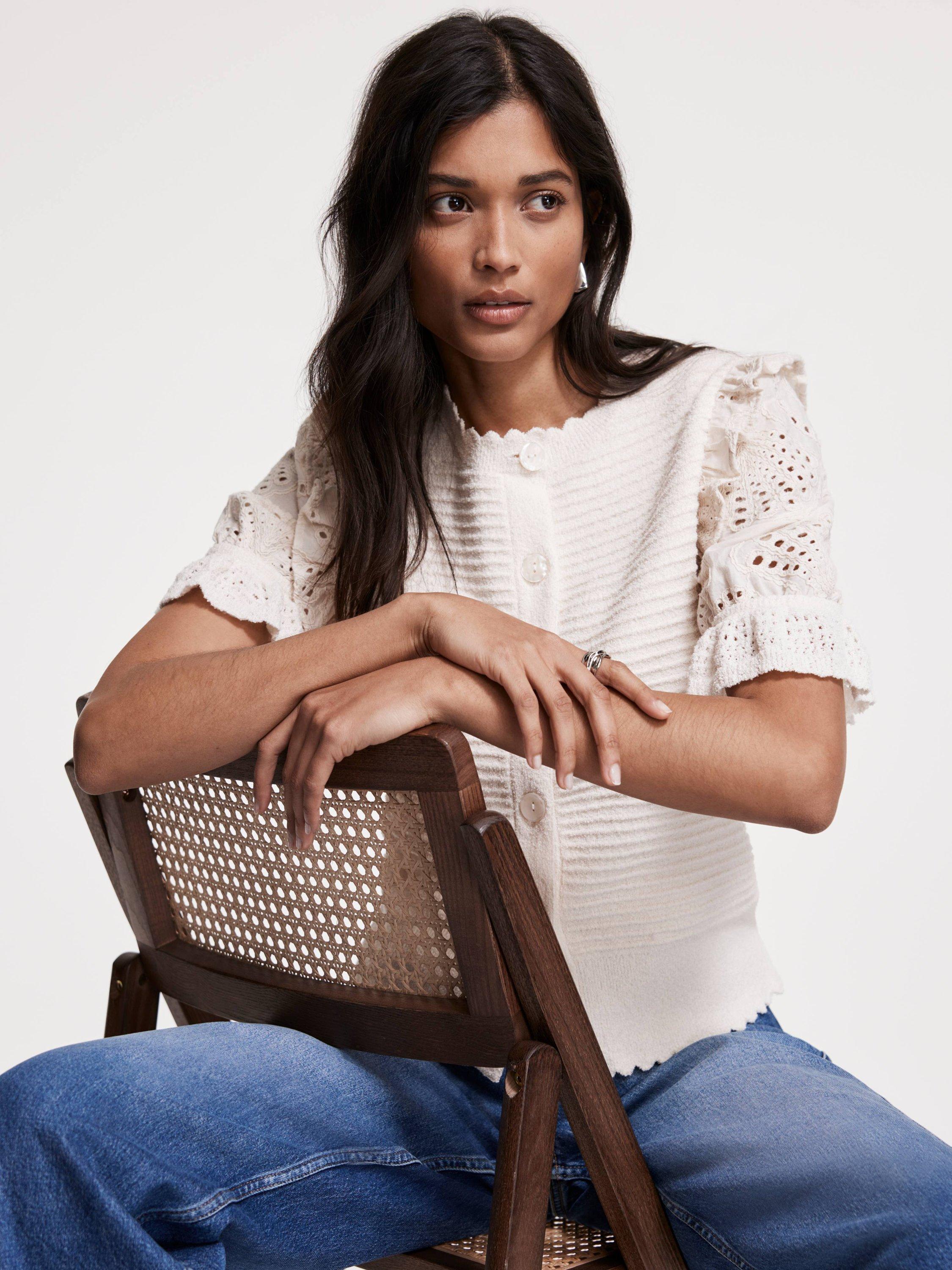 Product image 6 of 8, which shows Mint Velvet Broderie Anglaise Sleeve Cardigan, White Ivory, S