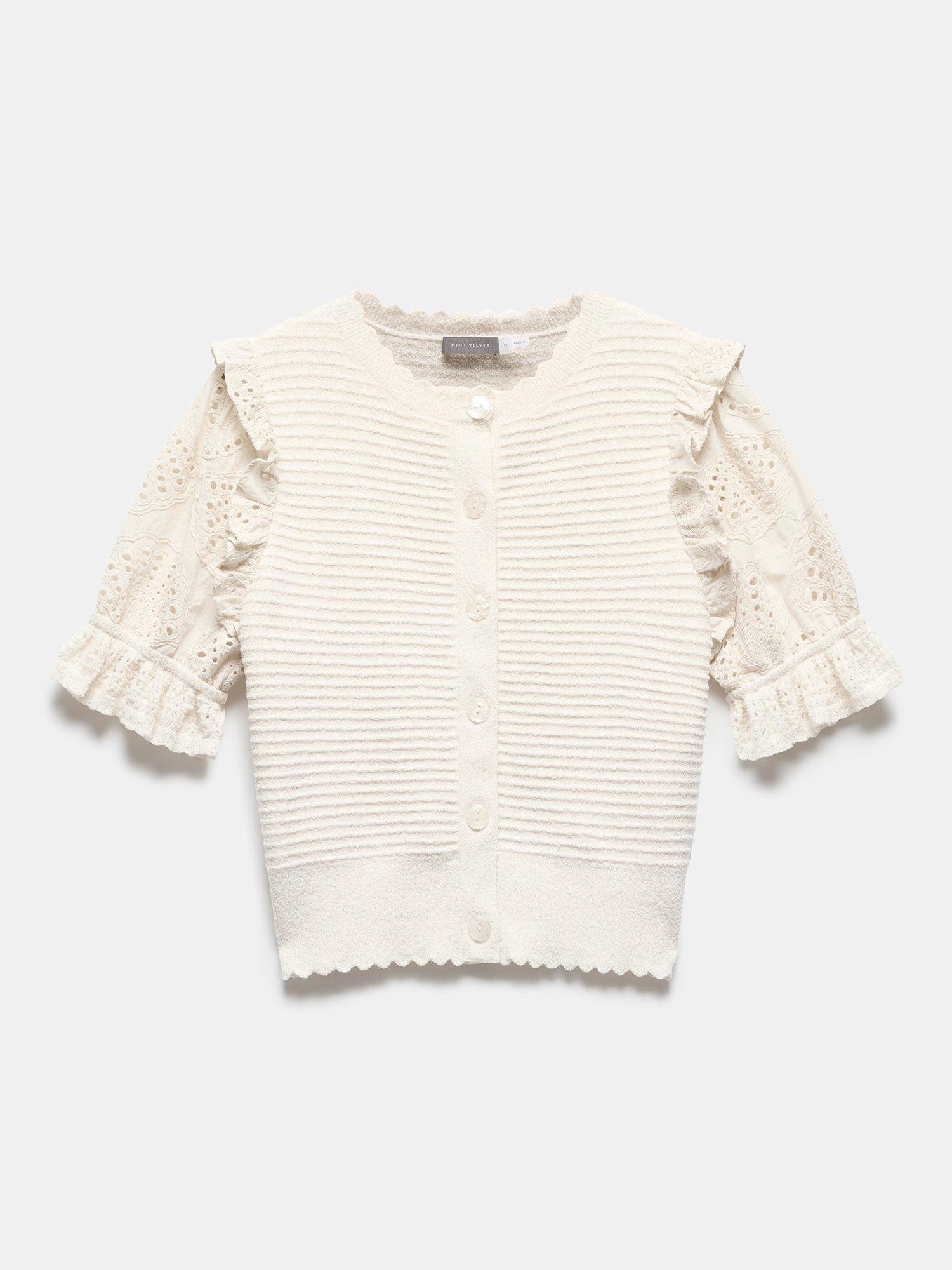 Product image 7 of 8, which shows Mint Velvet Broderie Anglaise Sleeve Cardigan, White Ivory, S