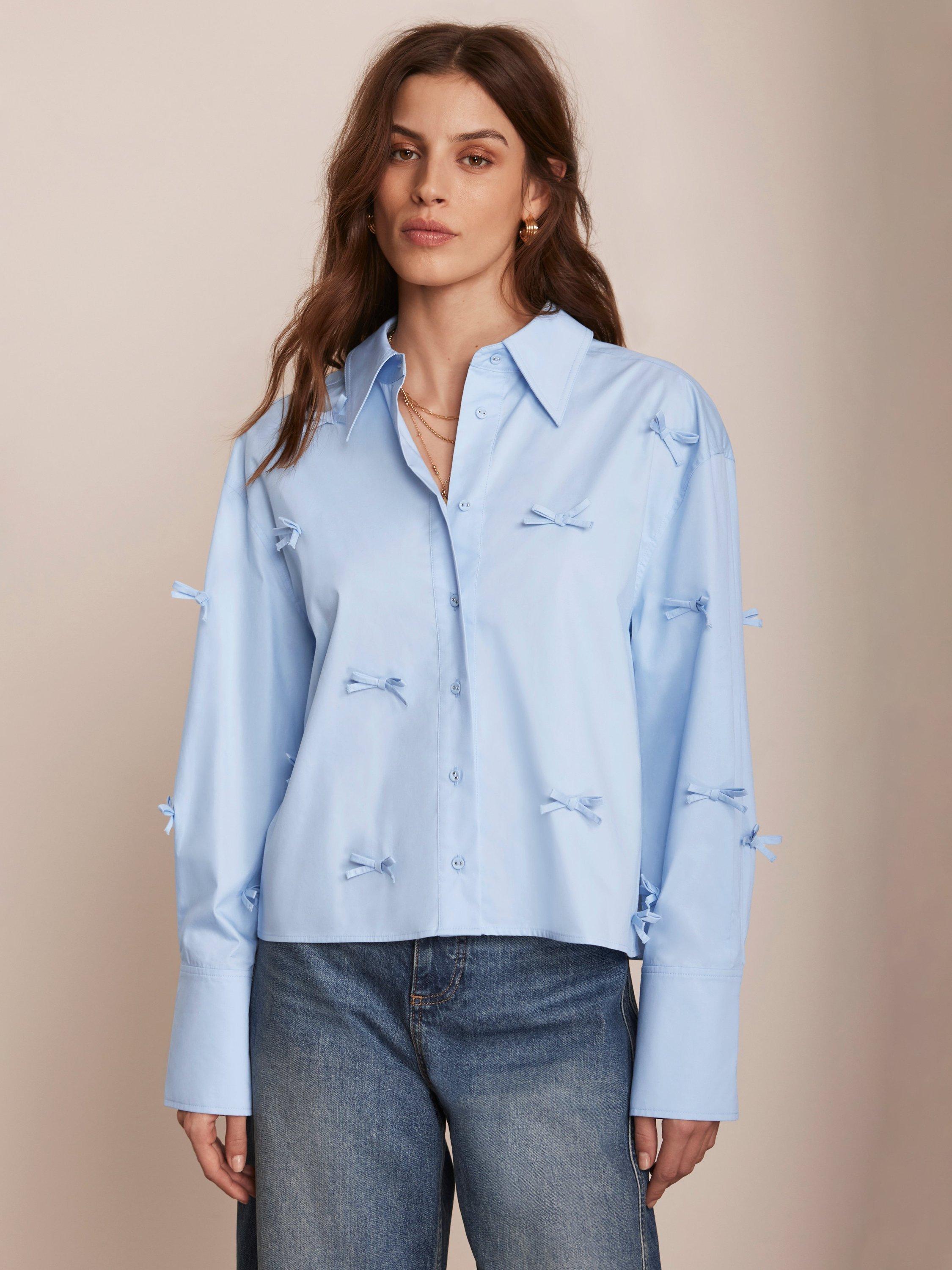 Mint Velvet Bow Detail Cropped Shirt, Blue