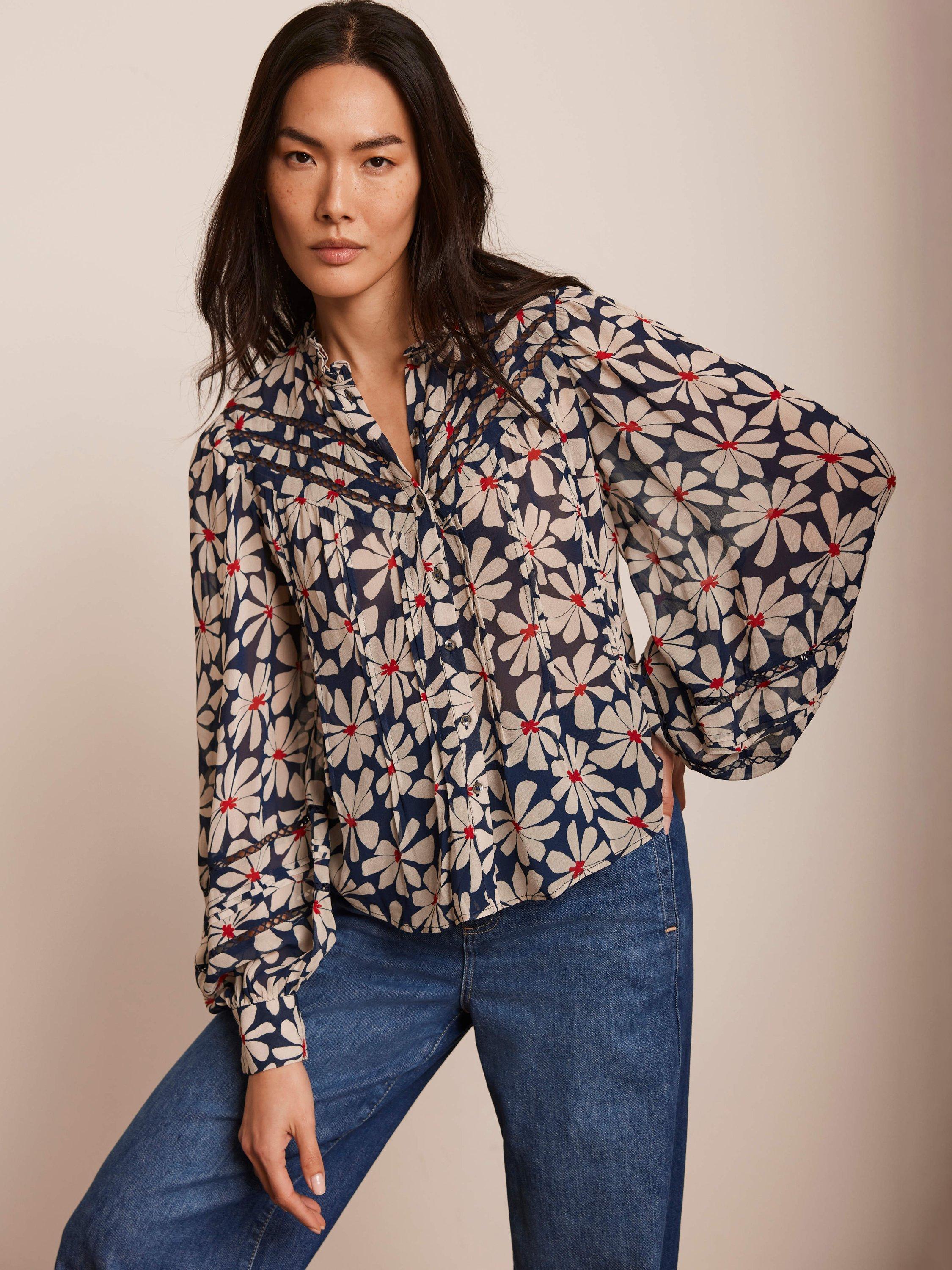 Mint Velvet Floral Ruffle Neck Blouse, Navy/Multi