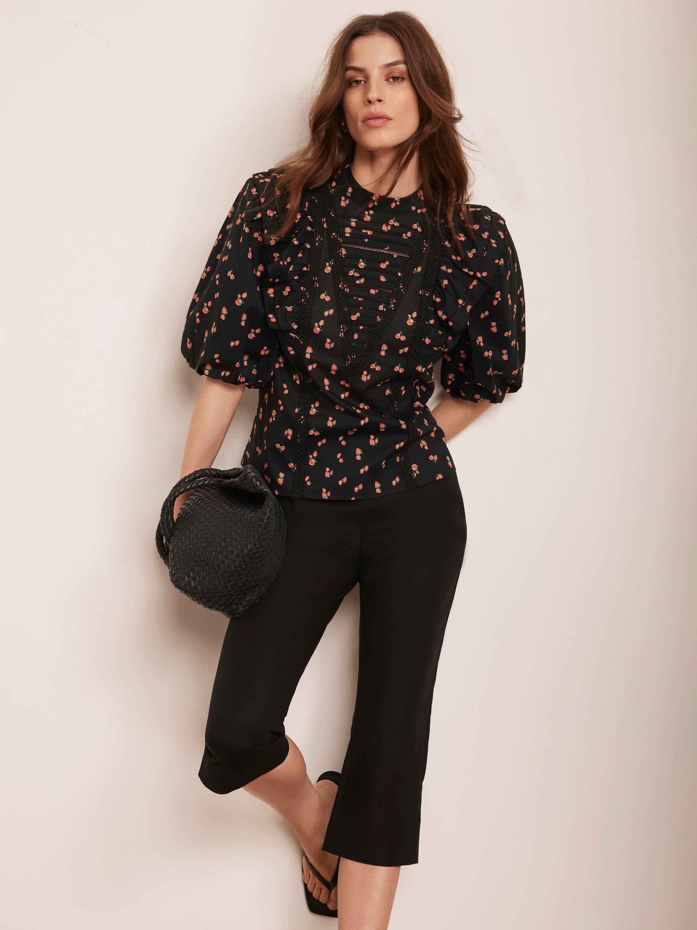 Product image 1 of 8, which shows Mint Velvet Strawberry Print Pintuck Top, Black, L