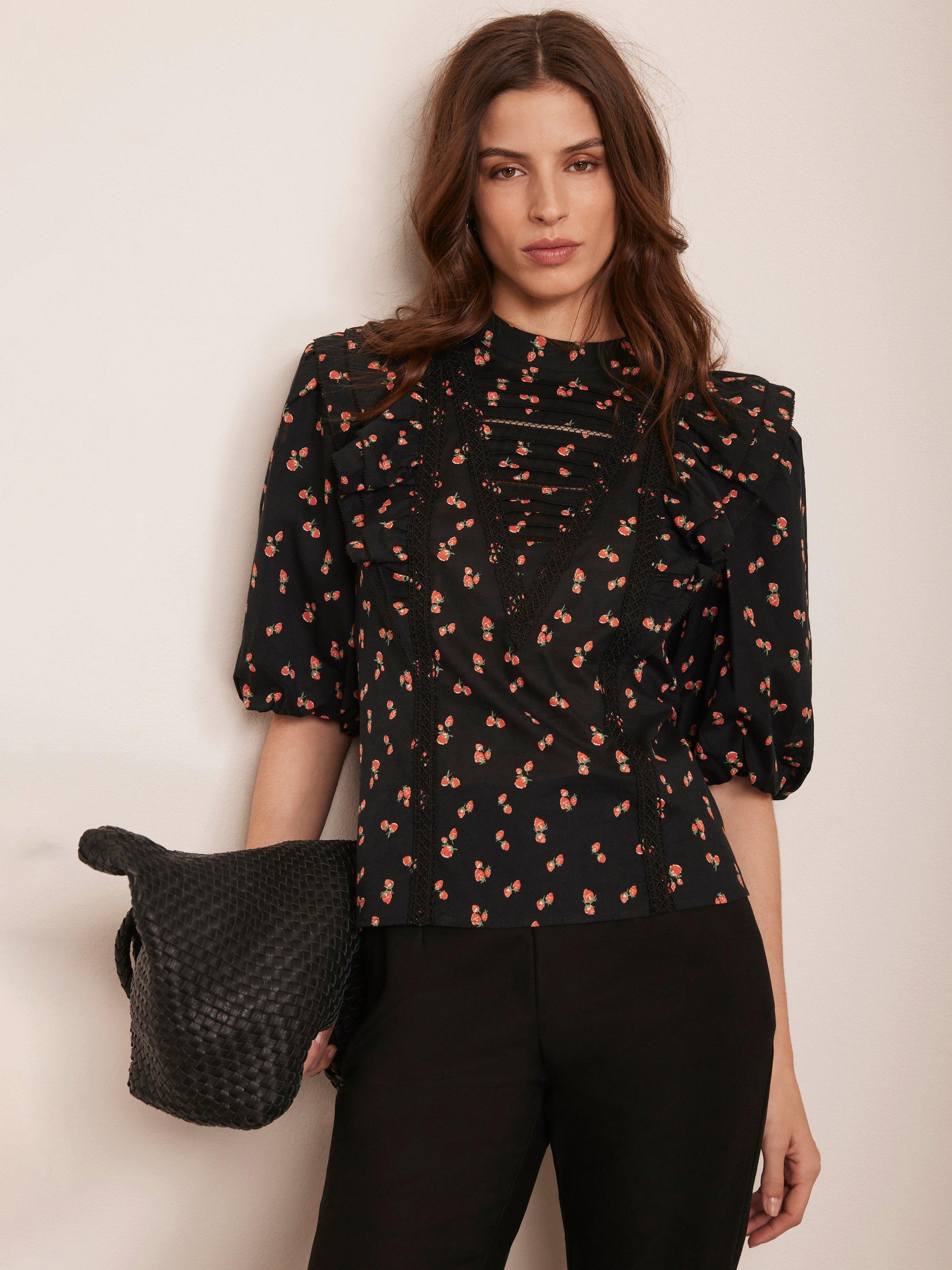 Product image 3 of 8, which shows Mint Velvet Strawberry Print Pintuck Top, Black, L