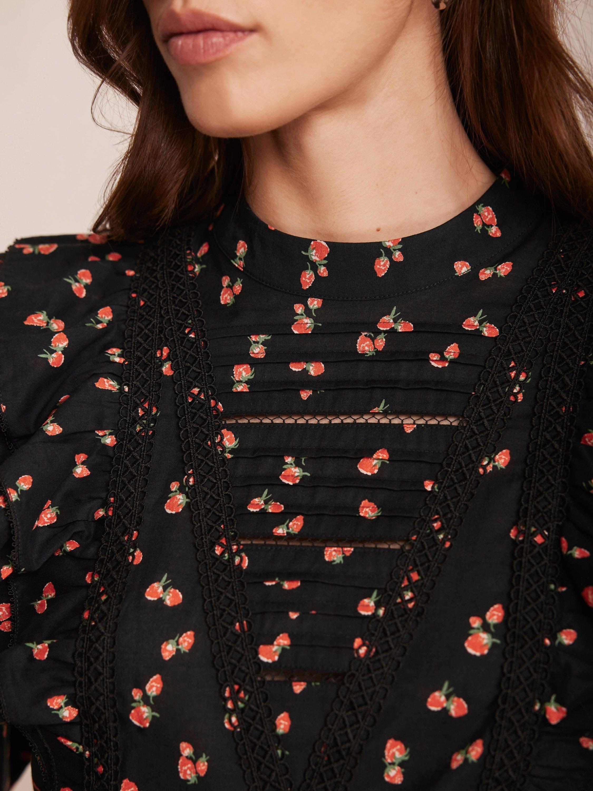 Product image 4 of 8, which shows Mint Velvet Strawberry Print Pintuck Top, Black, L