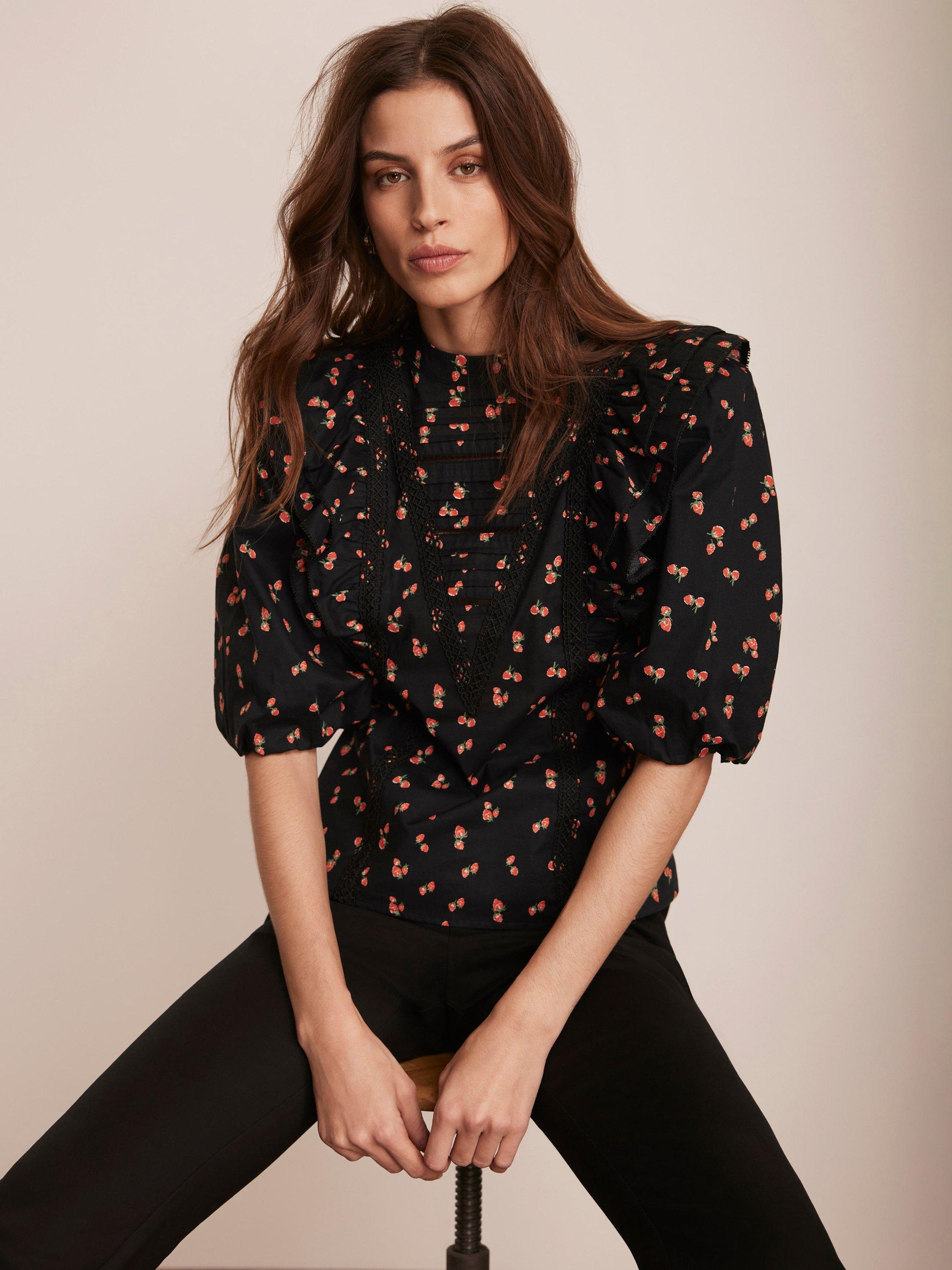 Product image 5 of 8, which shows Mint Velvet Strawberry Print Pintuck Top, Black, L
