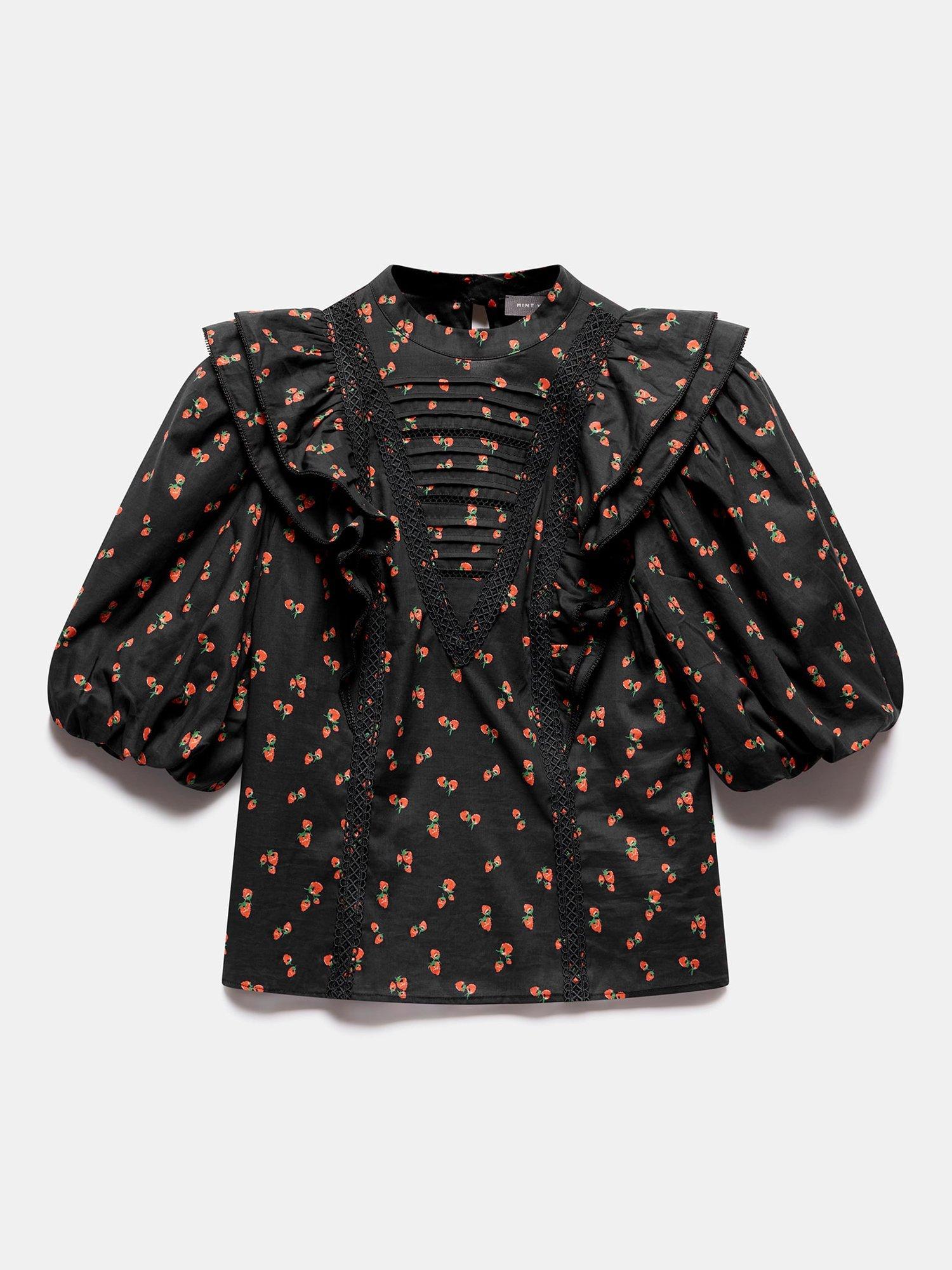 Product image 7 of 8, which shows Mint Velvet Strawberry Print Pintuck Top, Black, L