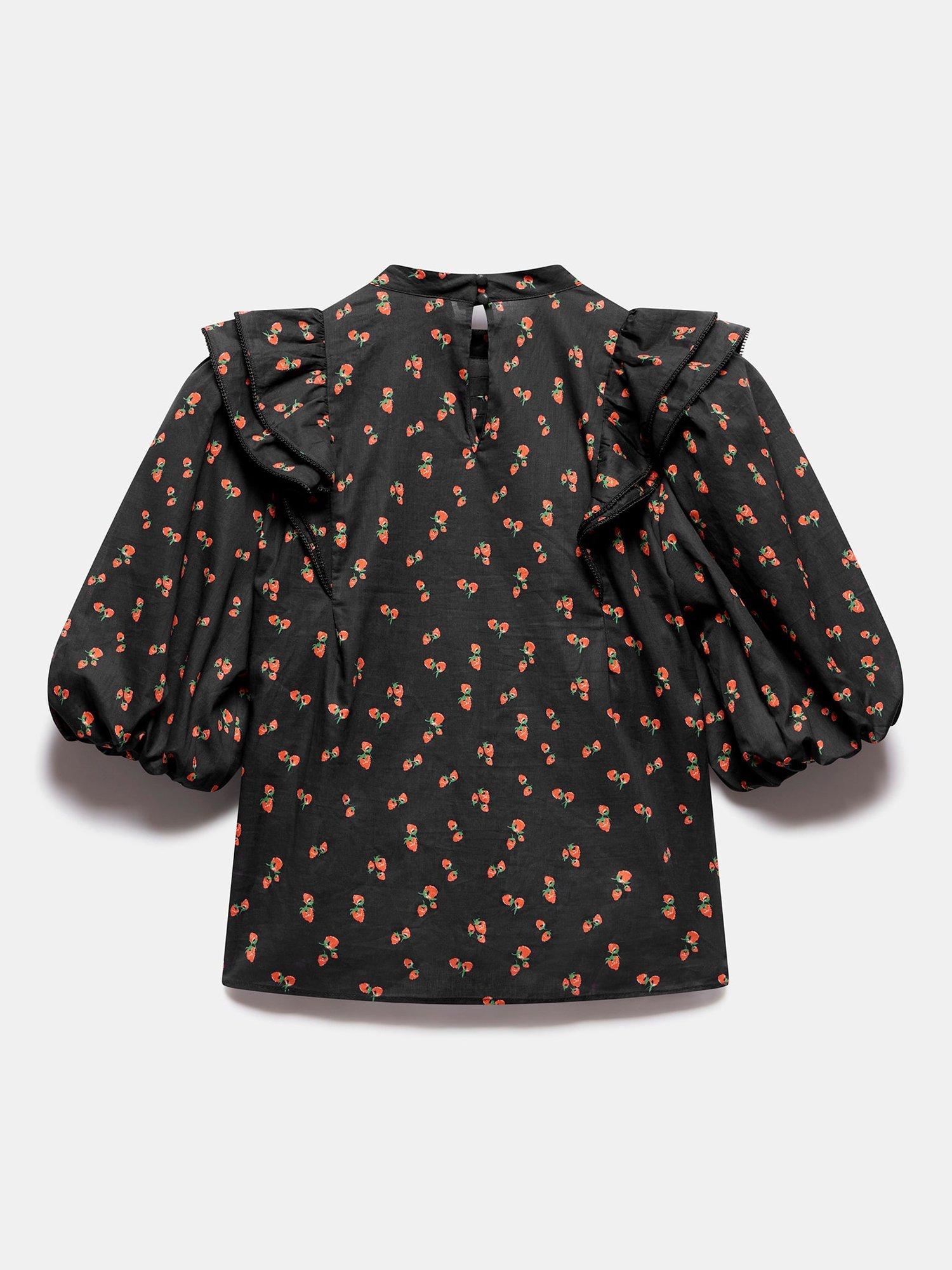 Product image 8 of 8, which shows Mint Velvet Strawberry Print Pintuck Top, Black, L