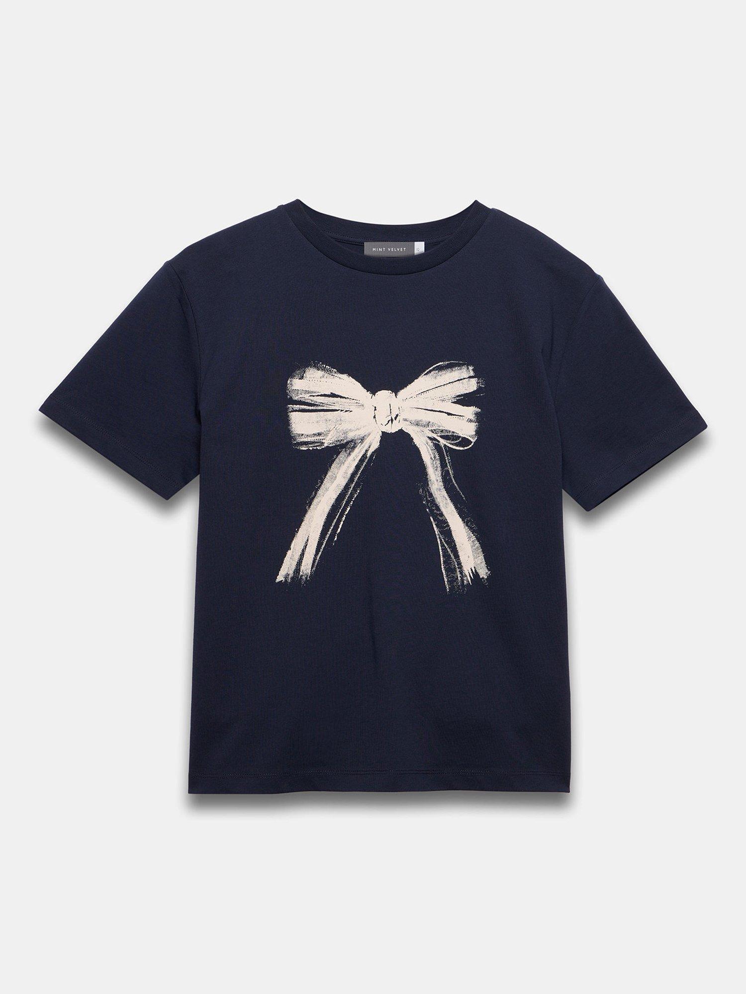 Product image 6 of 7, which shows Mint Velvet Graphic Bow T-Shirt, Blue Navy, L