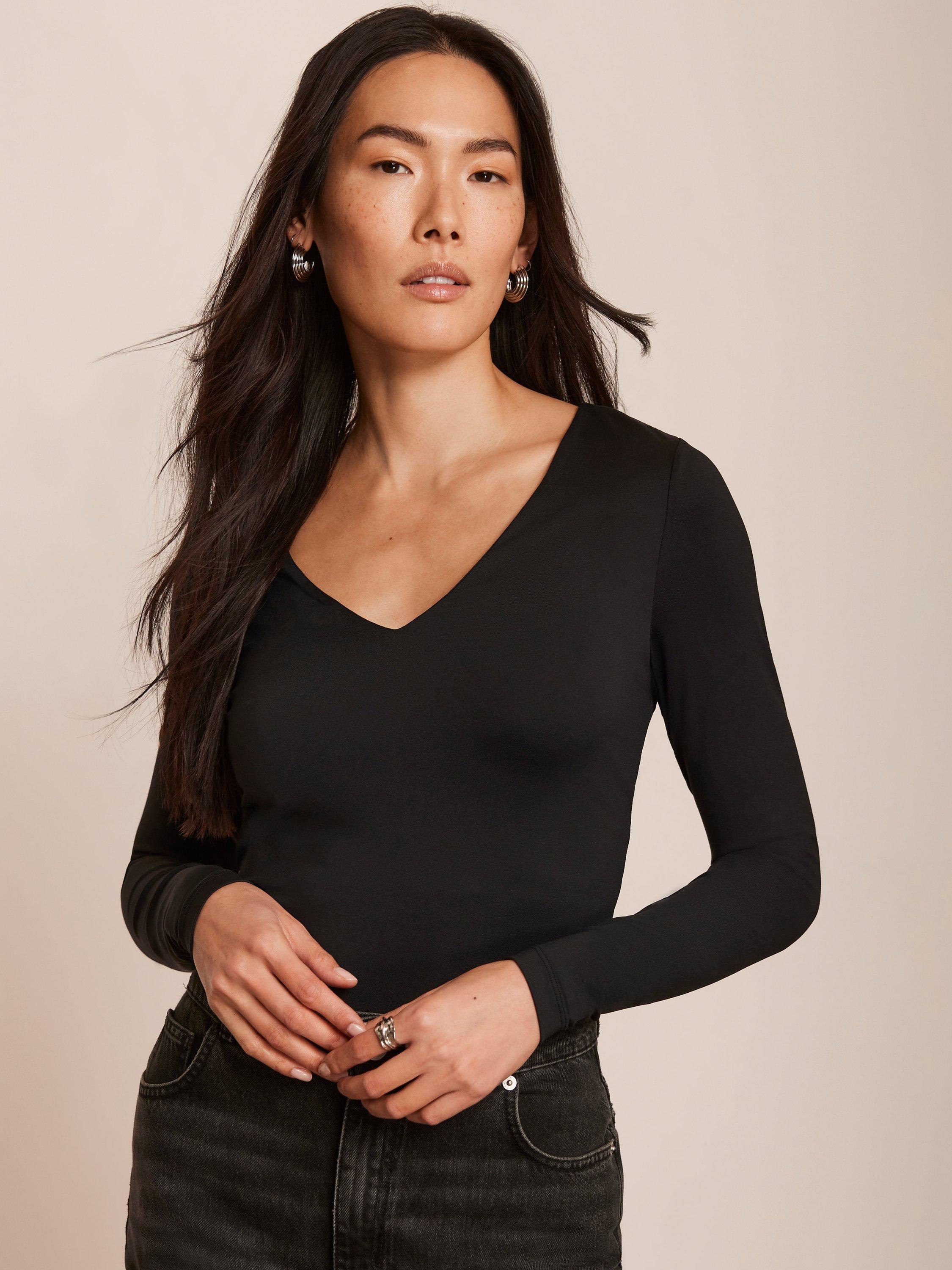 Product image 1 of 7, which shows Mint Velvet Layering V-Neck Long Sleeve Top, Black, L