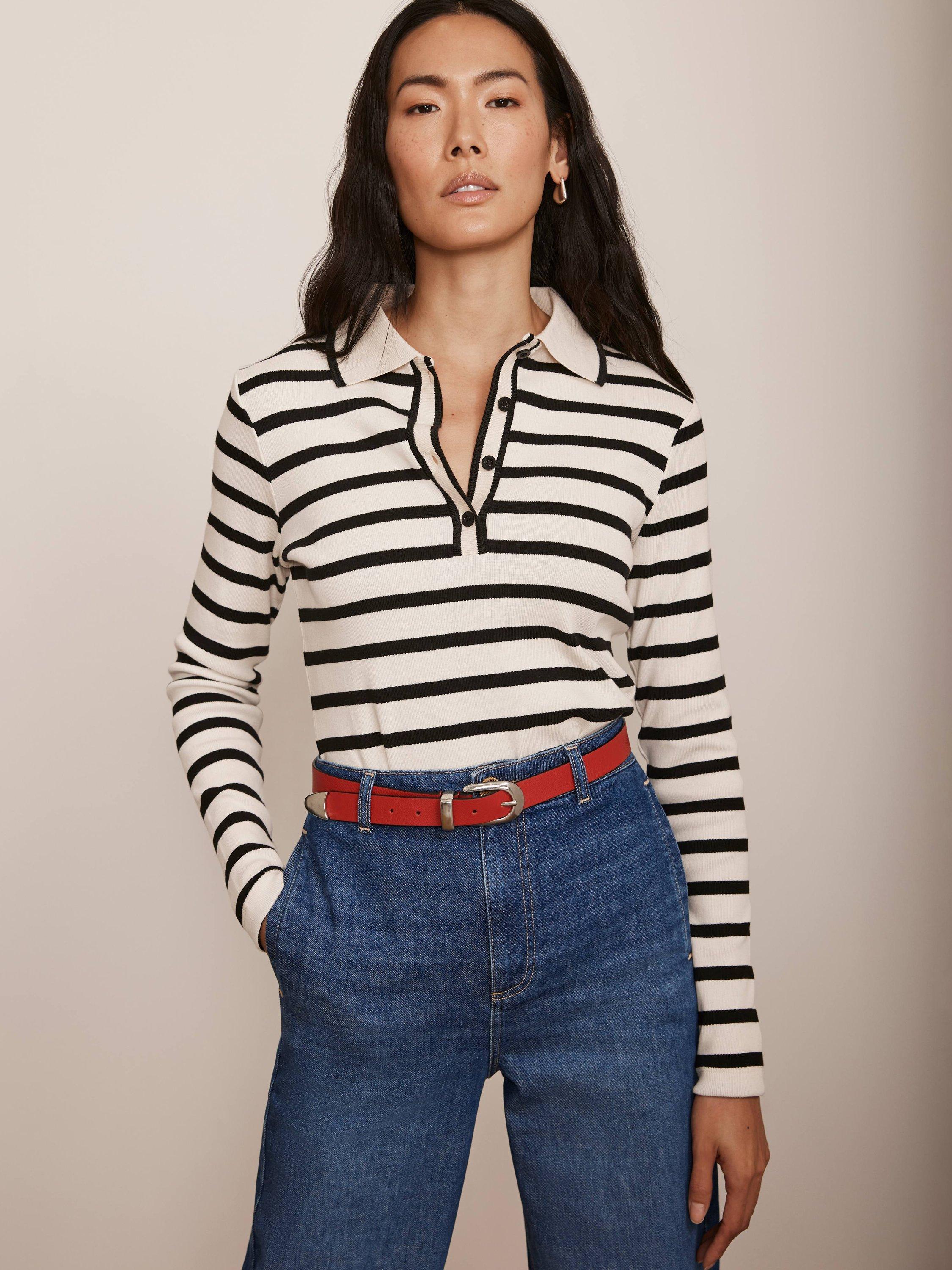 Mint Velvet Stripe Long Sleeve Polo Shirt, Natural/Multi