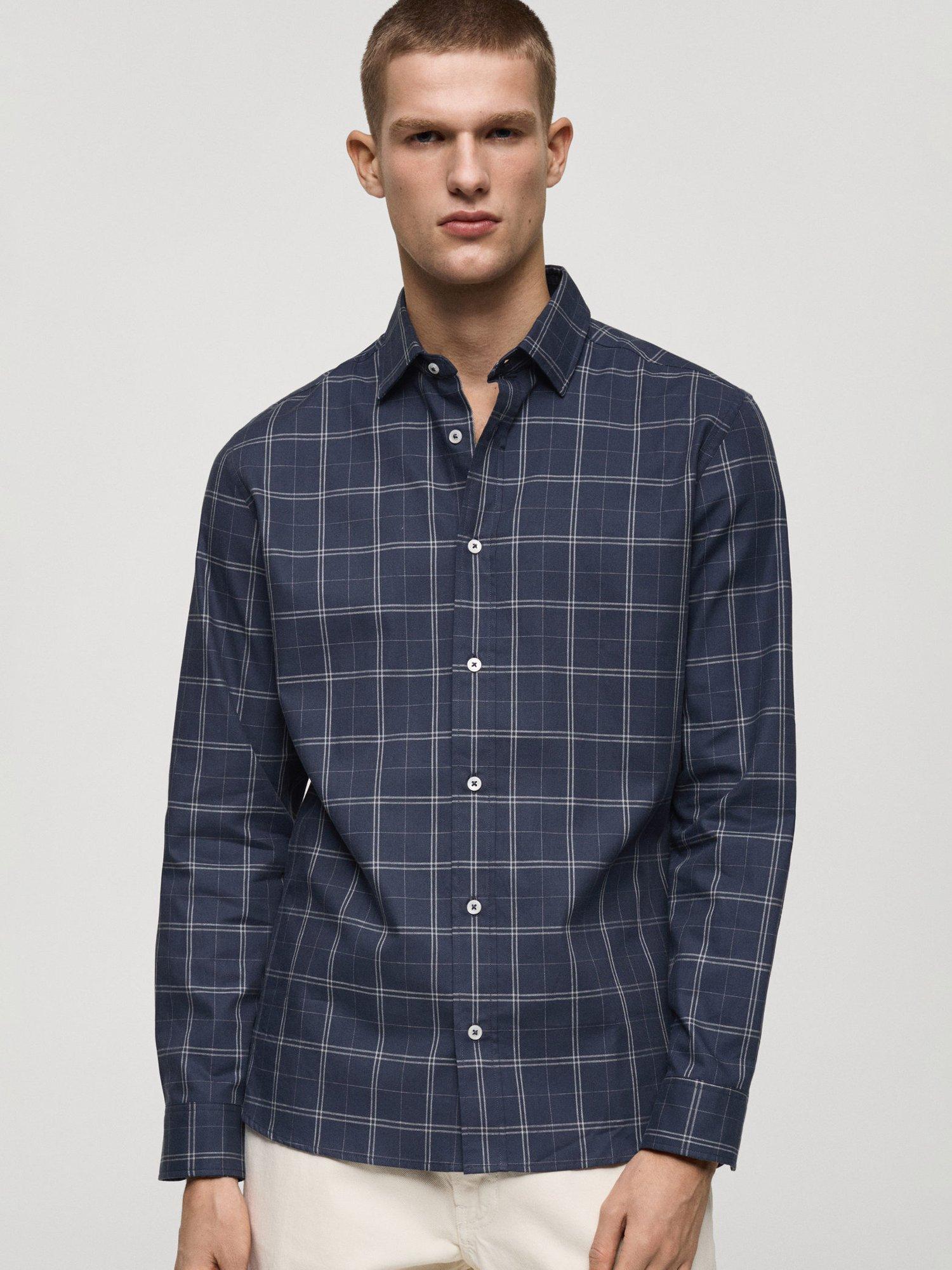 Product image 1 of 8, which shows Mango Roma Cotton Regular Fit Check Shirt, Navy, L